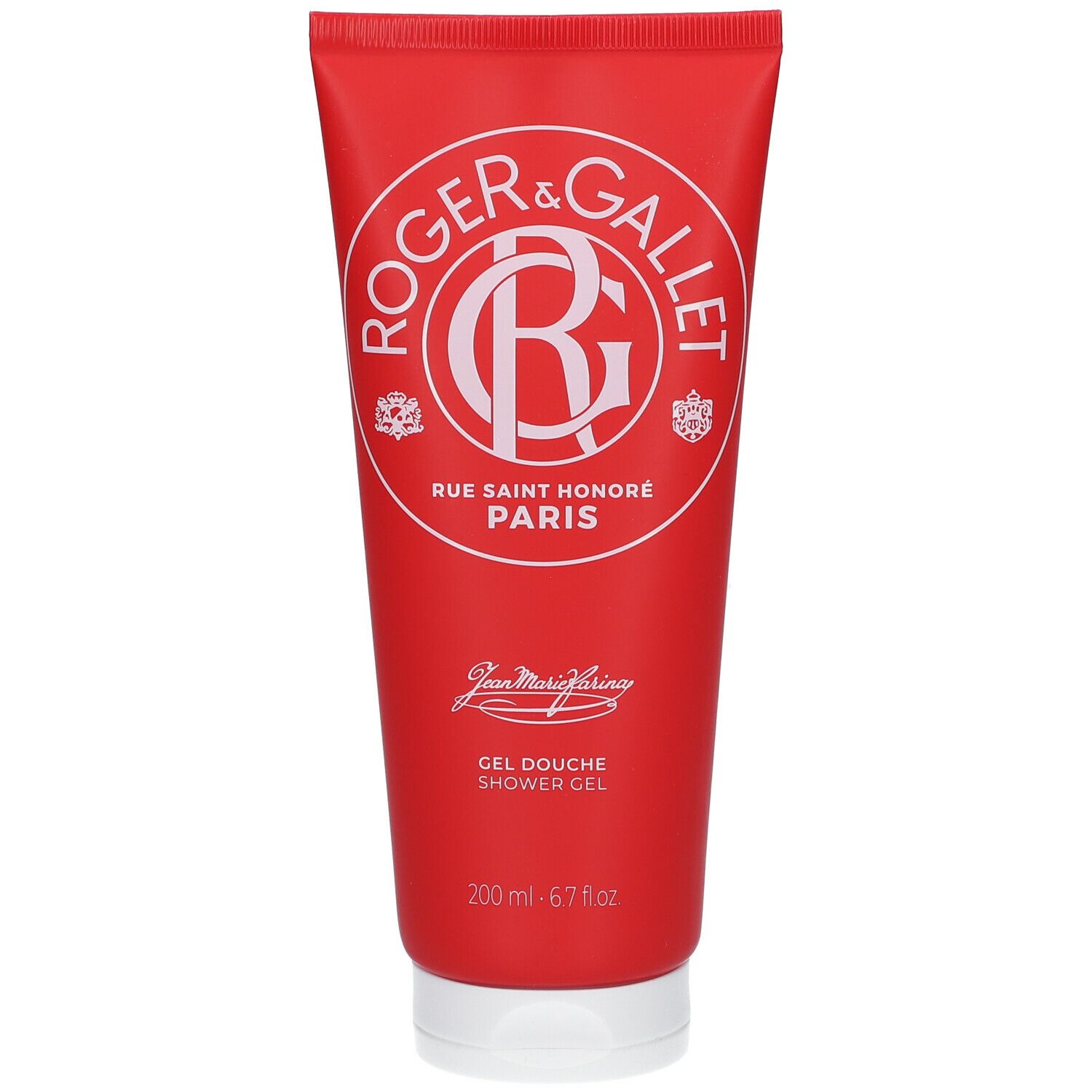 Tube rouge Roger & Gallet. Logo blanc. Texte: Gel Douche. Bouchon blanc. Contenance: 200 ml.