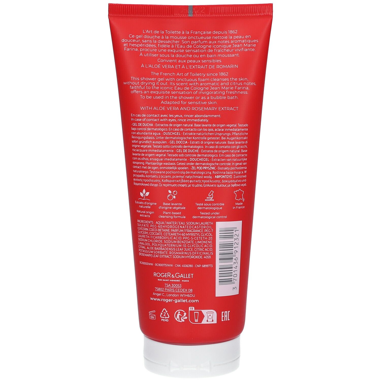 Dos de tube rouge Roger & Gallet. Texte et logos. Contient extrait d'aloe vera et de romarin.