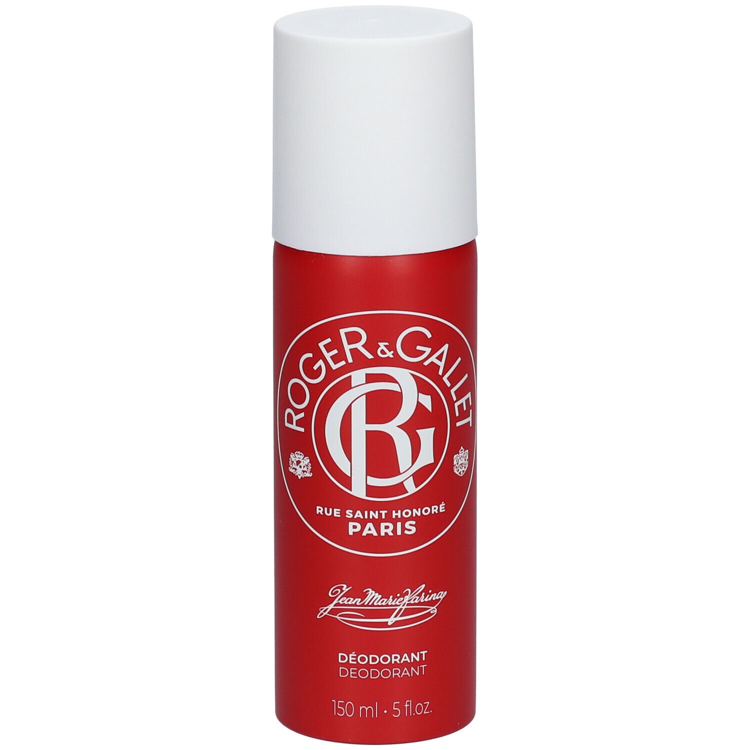 Vaporisateur de déodorant rouge et blanc. Logo Roger & Gallet. Texte: JEAN MARIE FARINA, Déodorant, 150 ml.