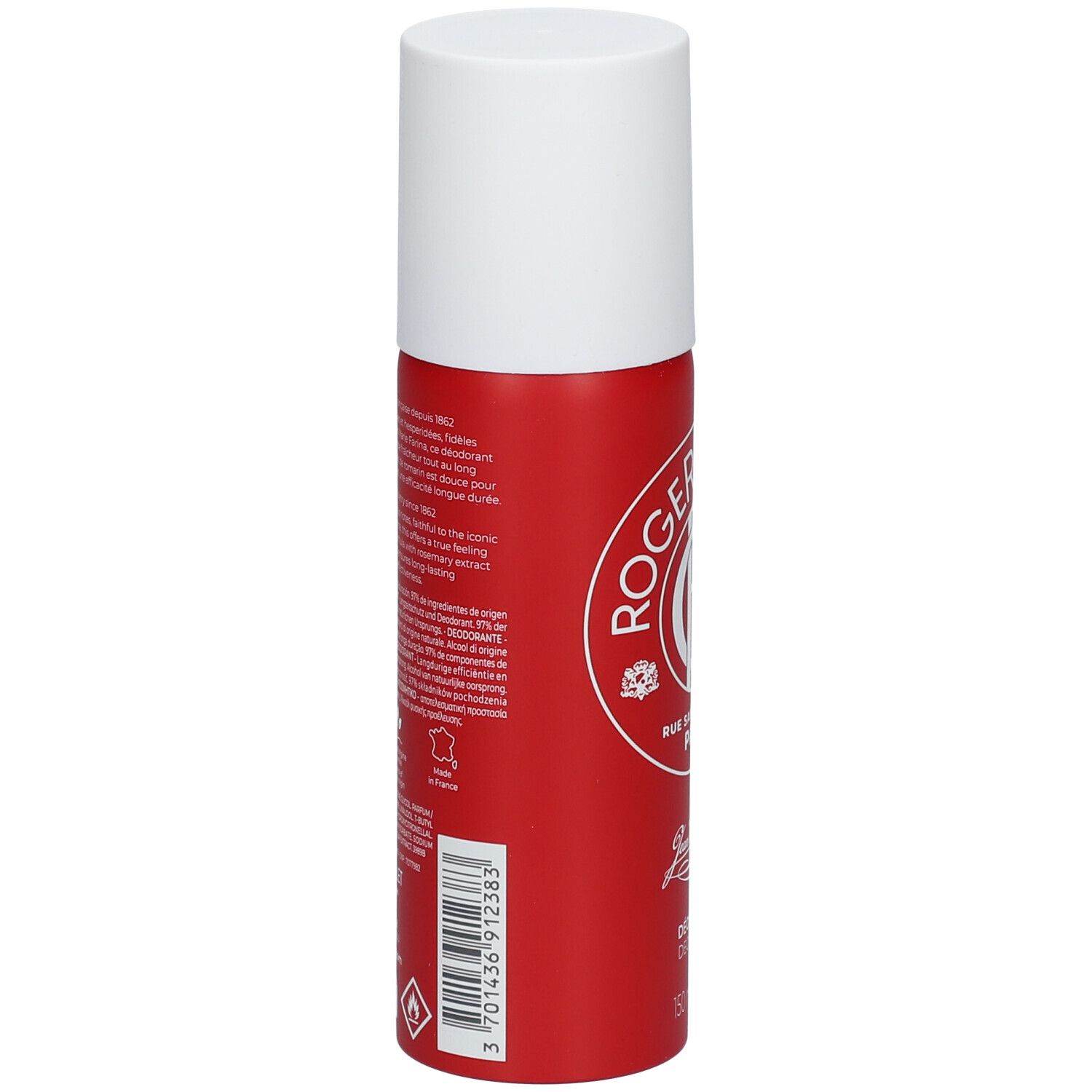 Vue latérale d'un vaporisateur de déodorant rouge. Bouchon blanc. Texte et logo Roger & Gallet. Informations en français.