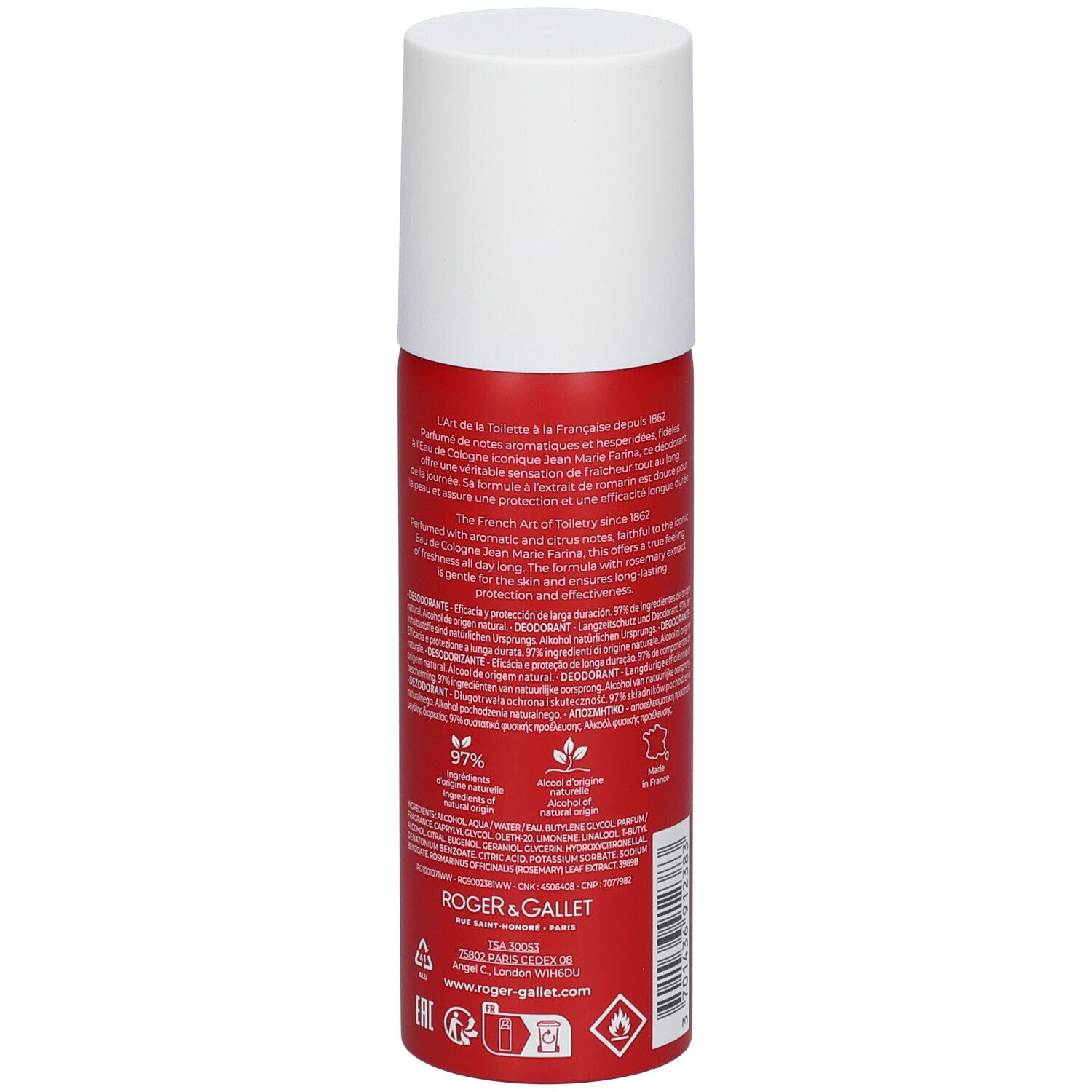 Dos d'un vaporisateur de déodorant rouge. Bouchon blanc. Texte et logo Roger & Gallet. Informations, certifications.