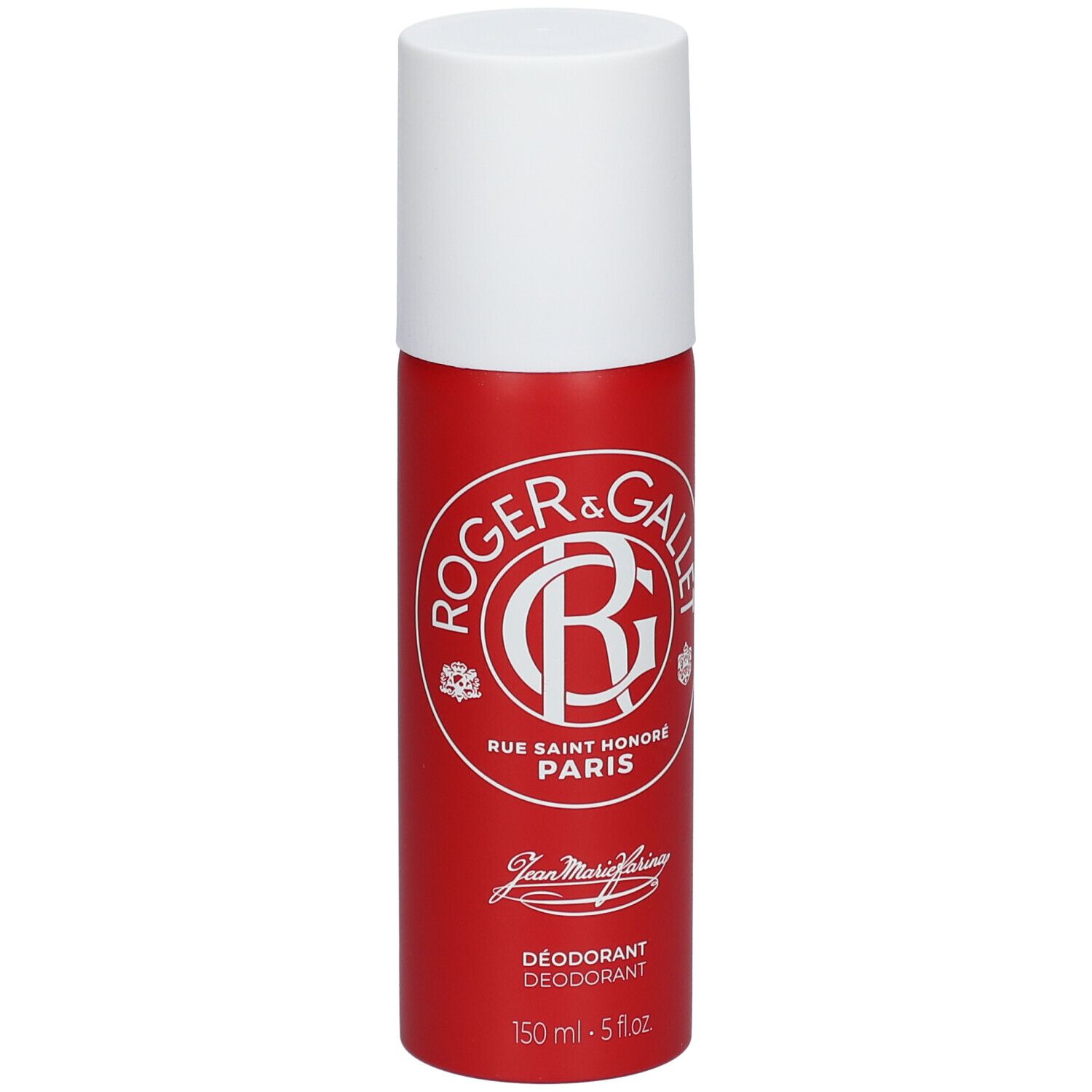 Vaporisateur de déodorant rouge et blanc. Logo Roger & Gallet. Texte: JEAN MARIE FARINA, Déodorant, 150 ml.