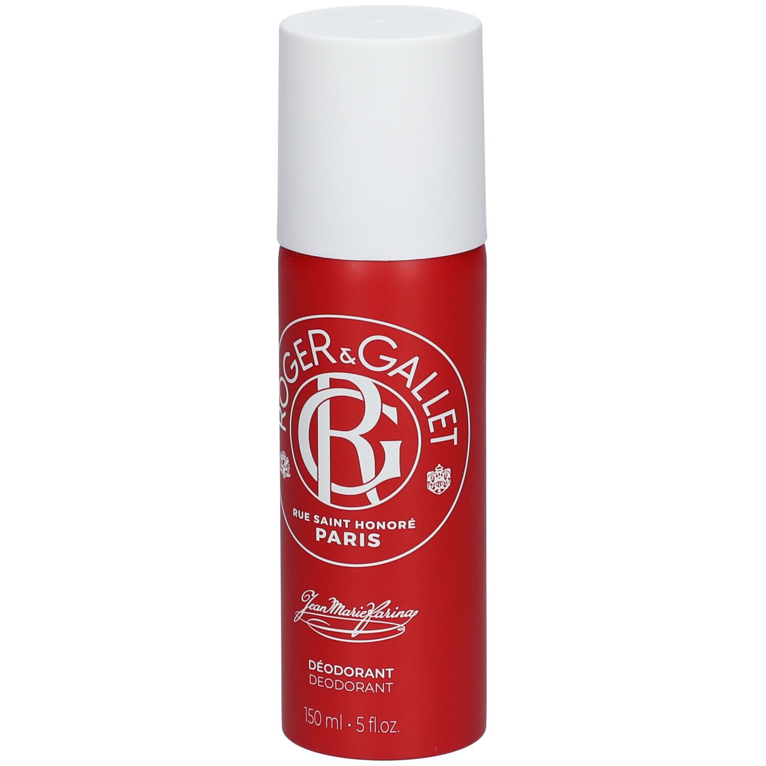 Vaporisateur de déodorant rouge et blanc. Logo Roger & Gallet. Texte: JEAN MARIE FARINA, Déodorant, 150 ml.