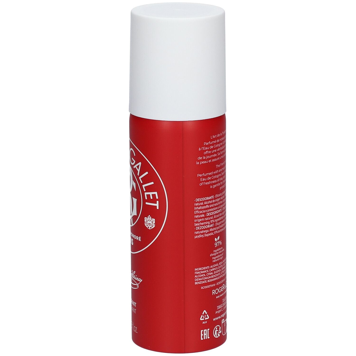 Dos d'un vaporisateur de déodorant rouge. Bouchon blanc. Logo Roger & Gallet. Informations, certifications, ingrédients.