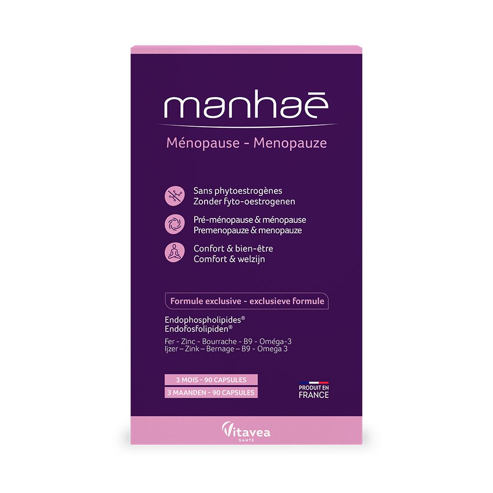 Boîte Manhaé Ménopause. Emballage violet et rose avec informations produit. Contient 90 gélules.