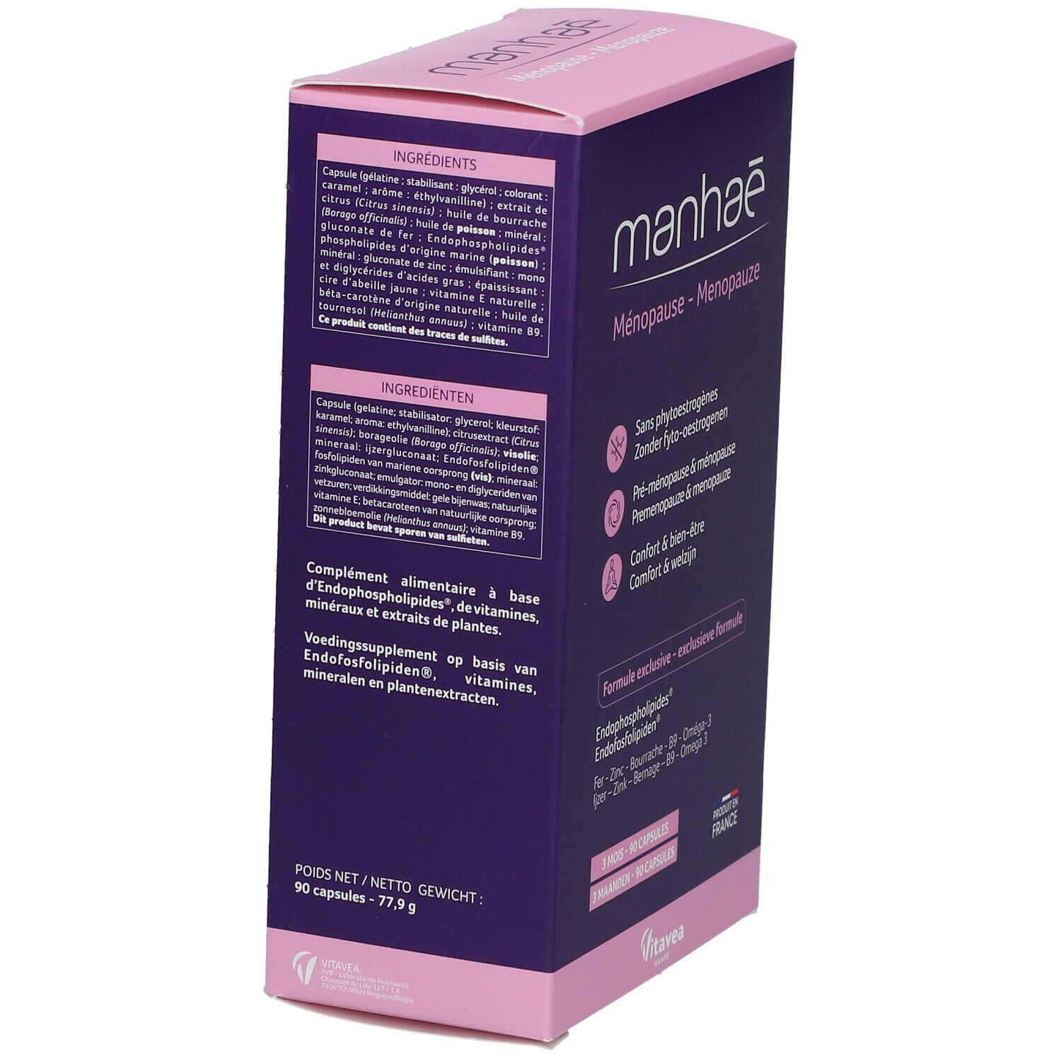 Boîte Manhaé Ménopause, vue latérale. Contient ingrédients et informations nutritionnelles. 90 gélules.