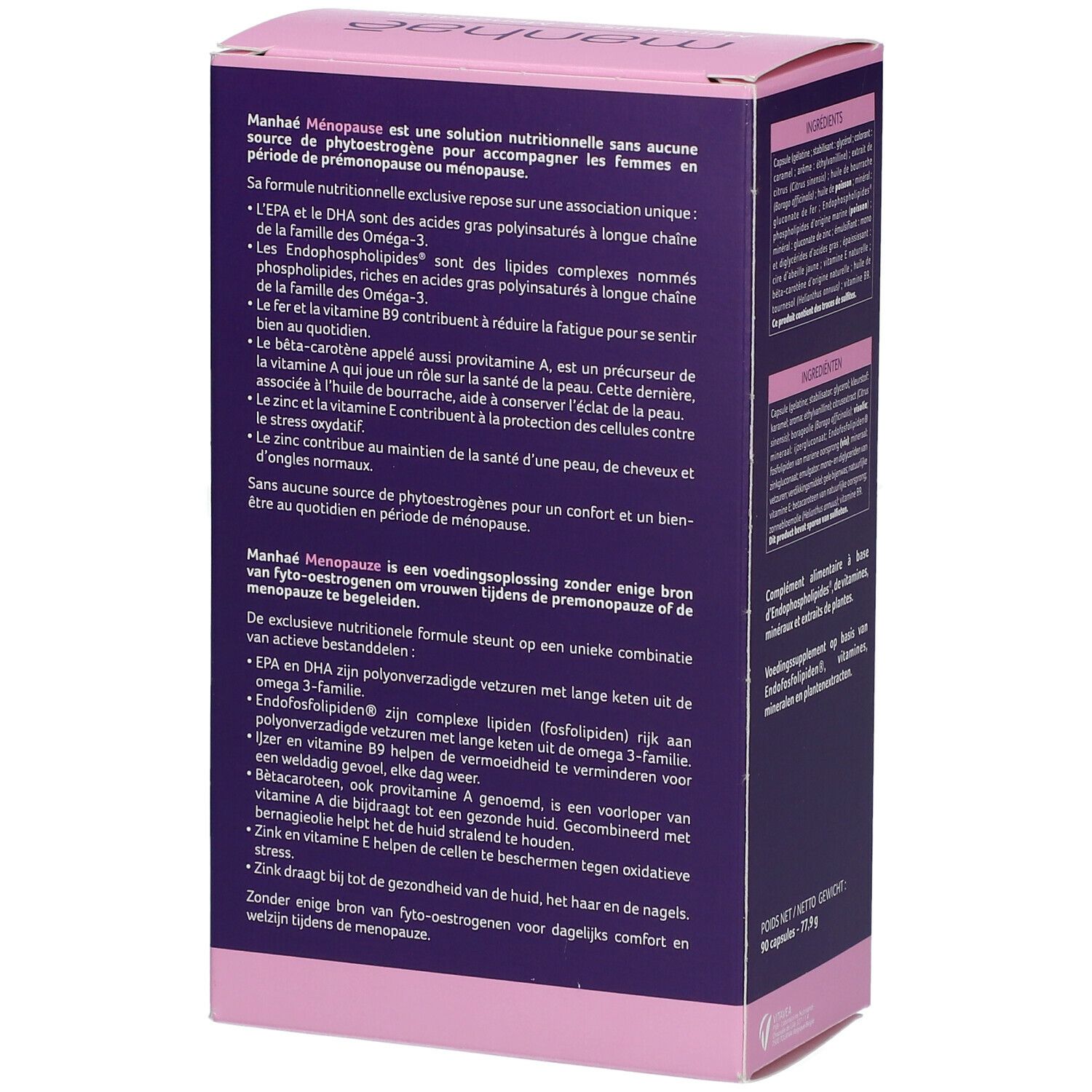 Dos de la boîte Manhaé Ménopause. Contient informations et instructions. 90 gélules.
