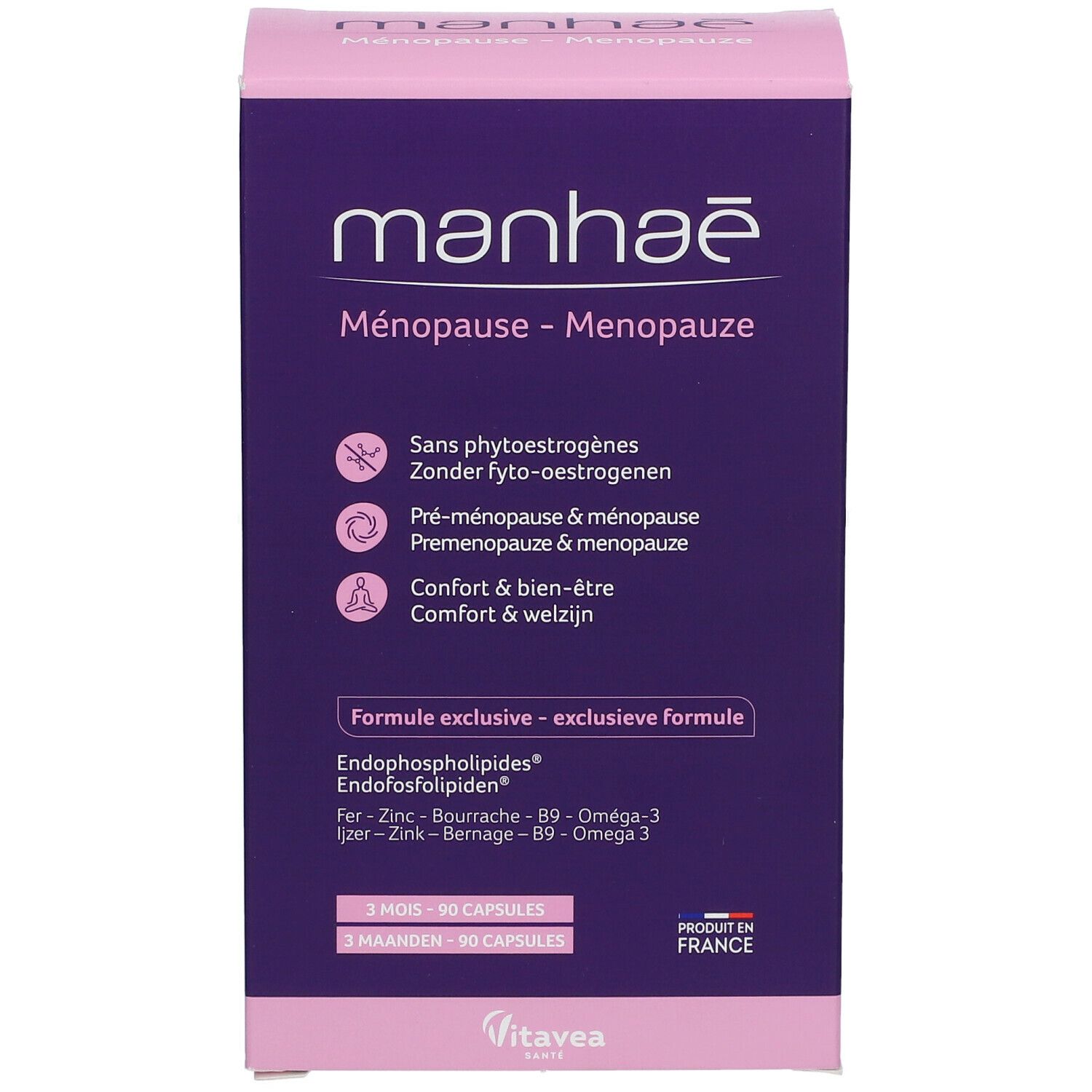 Boîte Manhaé Ménopause. Emballage violet et rose avec informations produit. Contient 90 gélules.