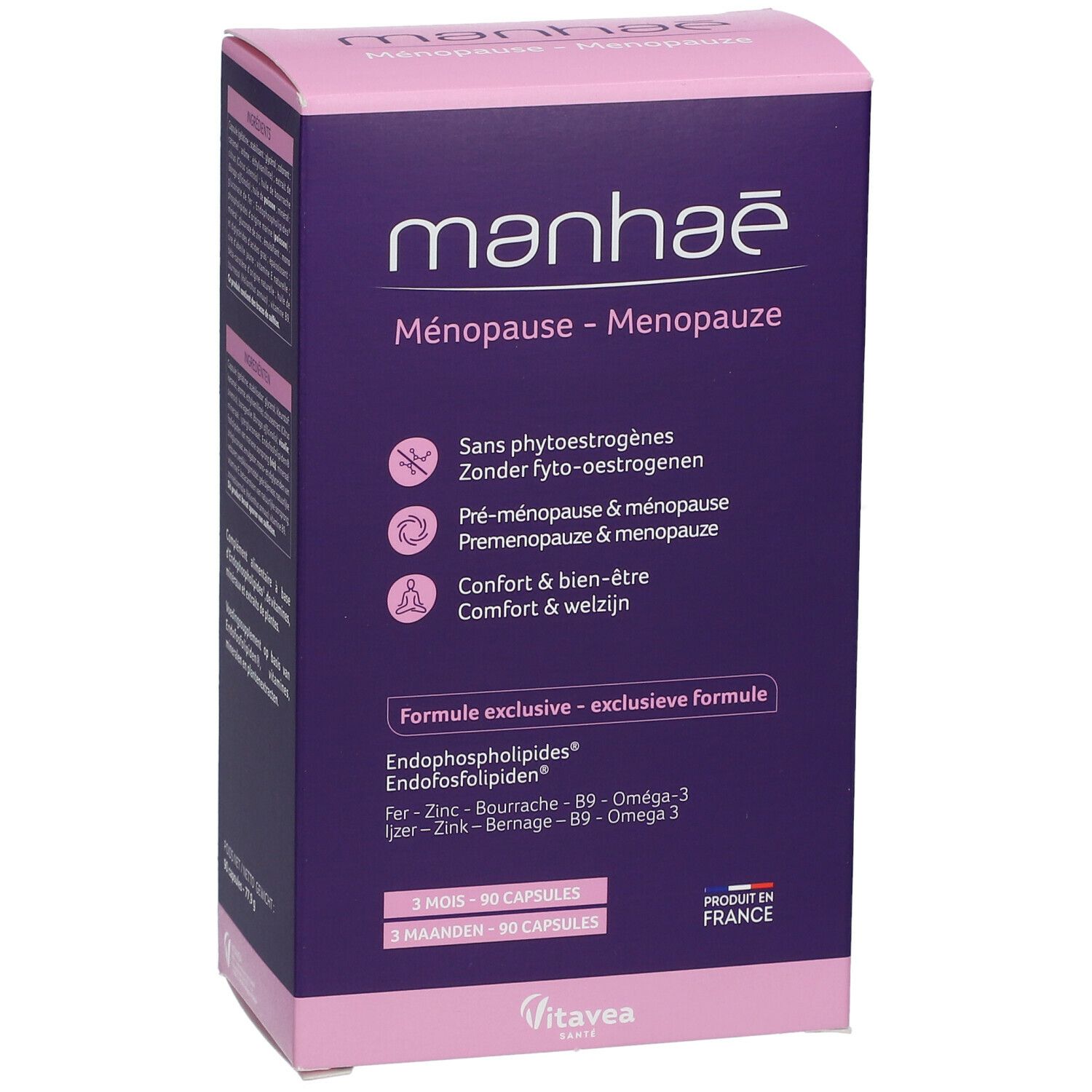 Boîte Manhaé Ménopause. Emballage violet et rose avec informations produit. Contient 90 gélules.