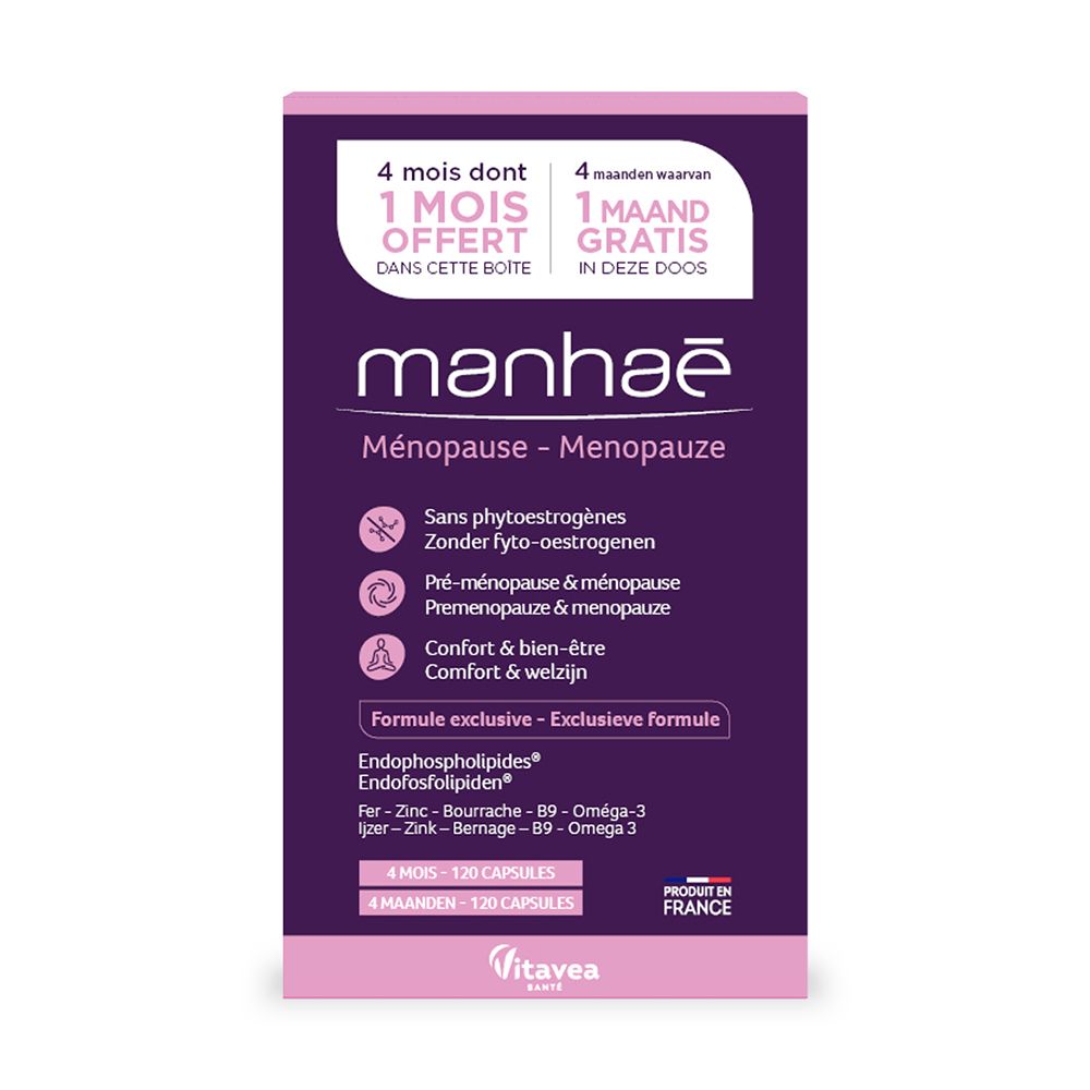 Boîte Manhae Ménopause. Violet et blanc. Contient 120 gélules. Informations produit et logo.