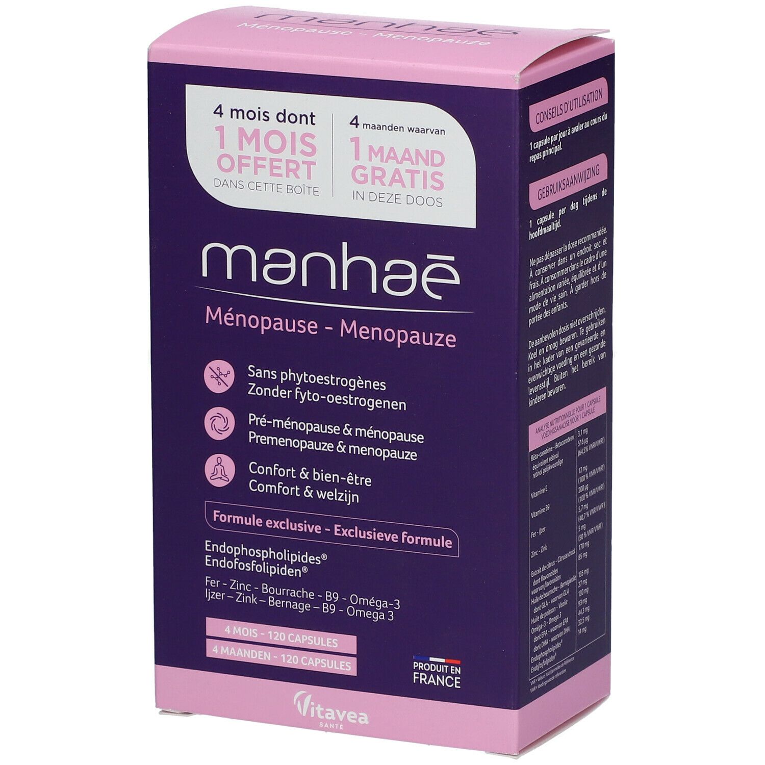 Boîte Manhae Ménopause. Violet et blanc. Contient 120 gélules. Ingrédients et informations produit visibles.