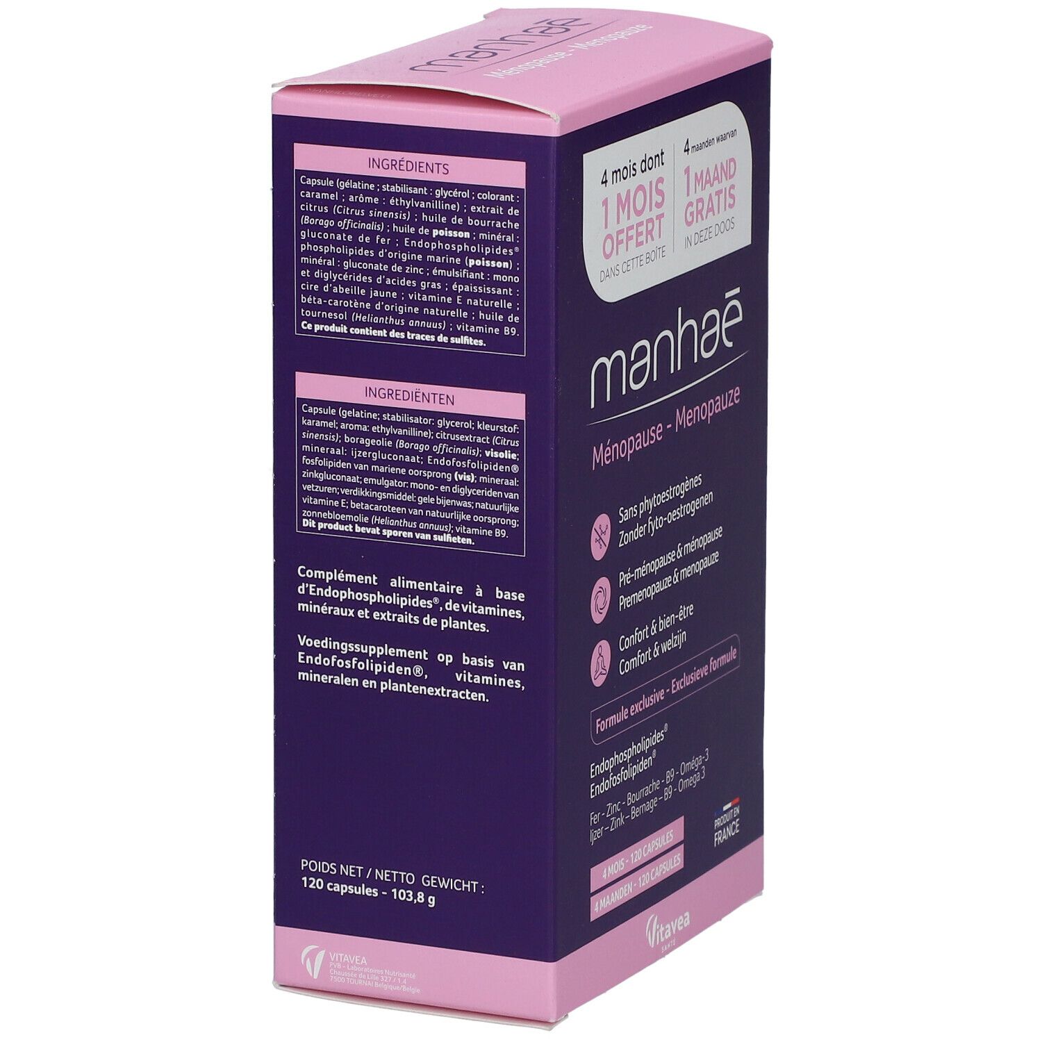 Boîte Manhae Ménopause, vue latérale. Ingrédients et informations nutritionnelles. 120 gélules, 103,8 g.