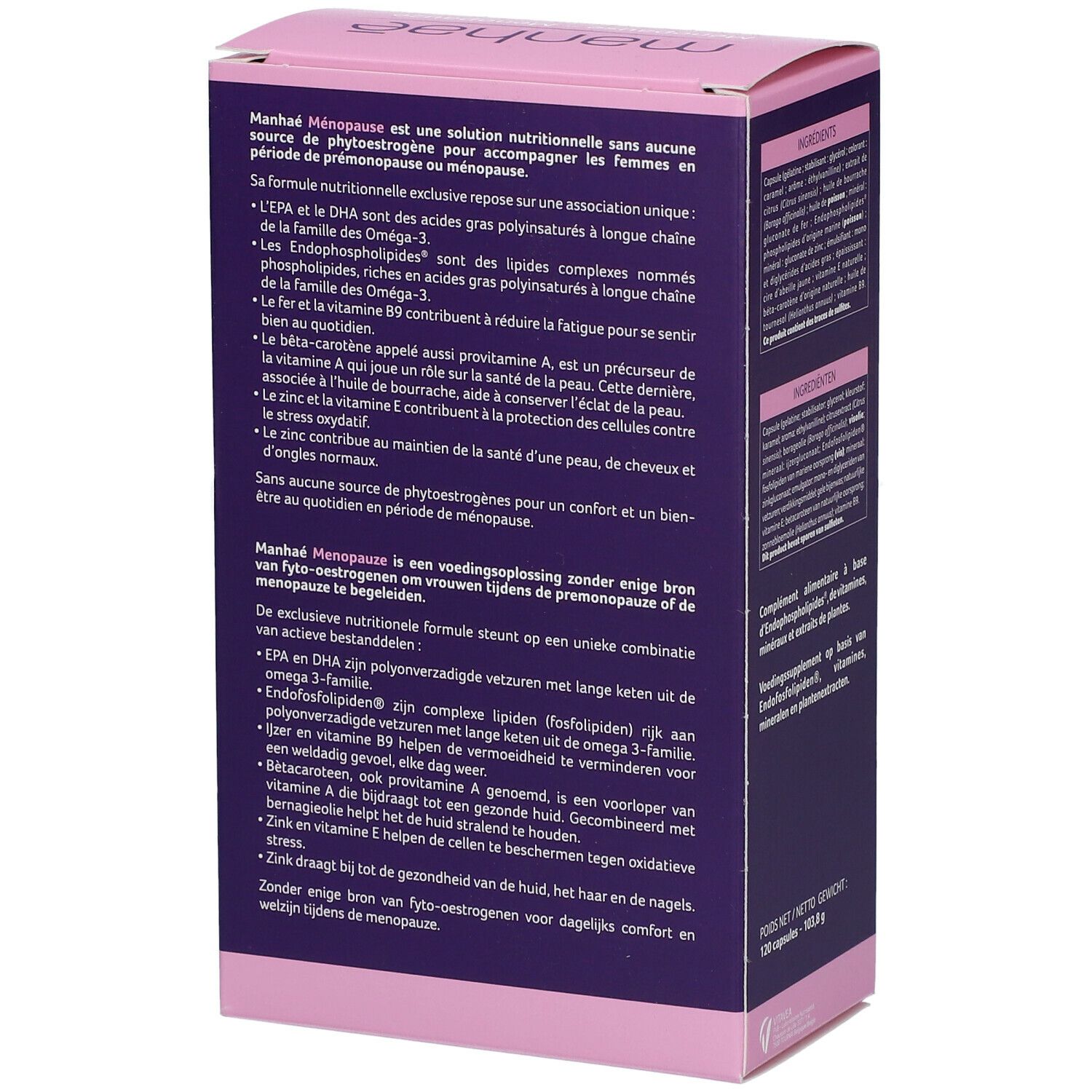 Dos de la boîte Manhae Ménopause. Informations produit et instructions d'utilisation.
