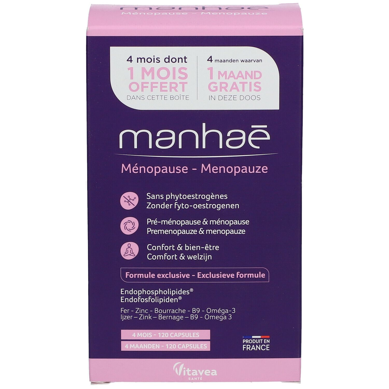Boîte Manhae Ménopause. Violet et blanc. Contient 120 gélules. Informations produit et logo.