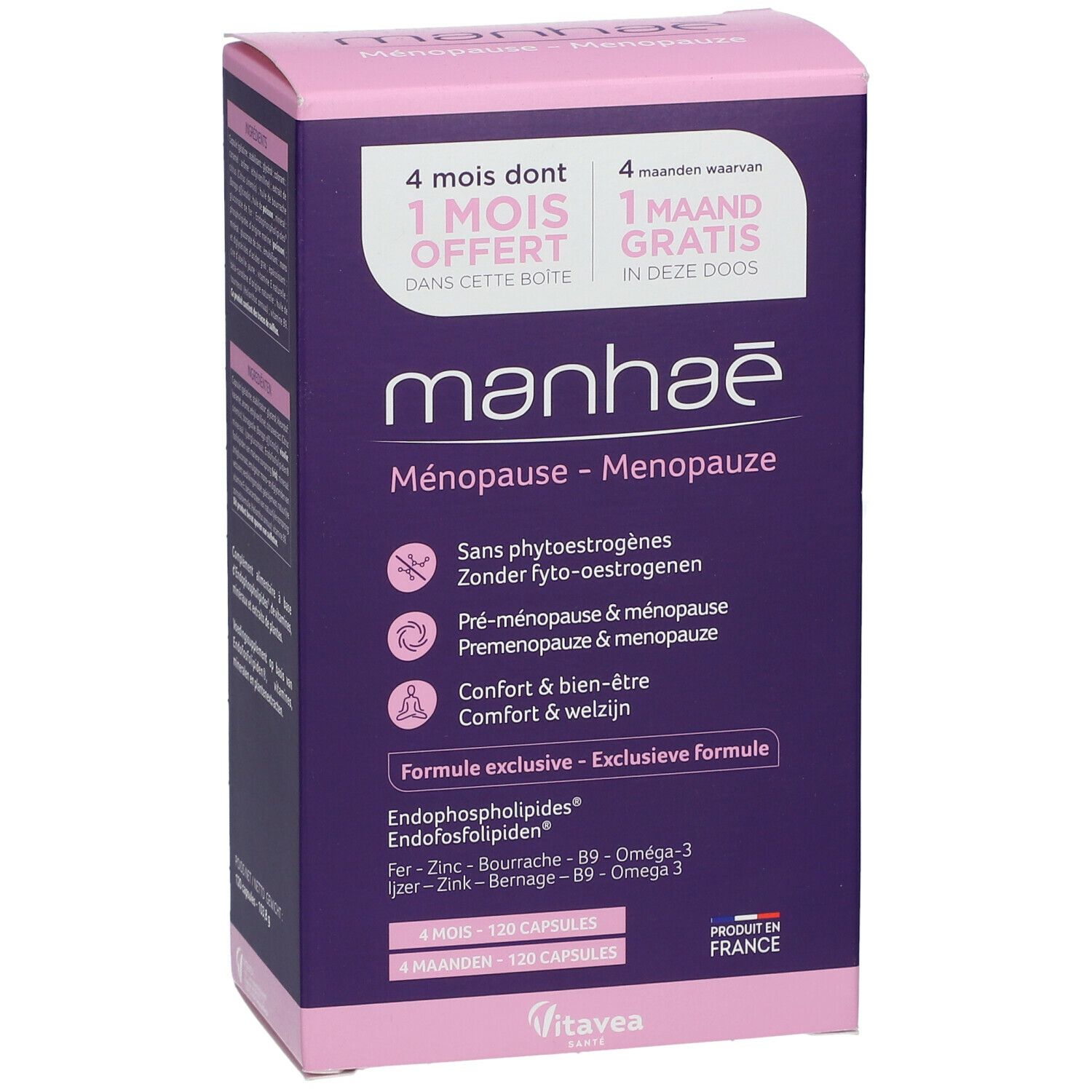 Boîte Manhae Ménopause. Violet et blanc. Contient 120 gélules. Informations produit et logo.