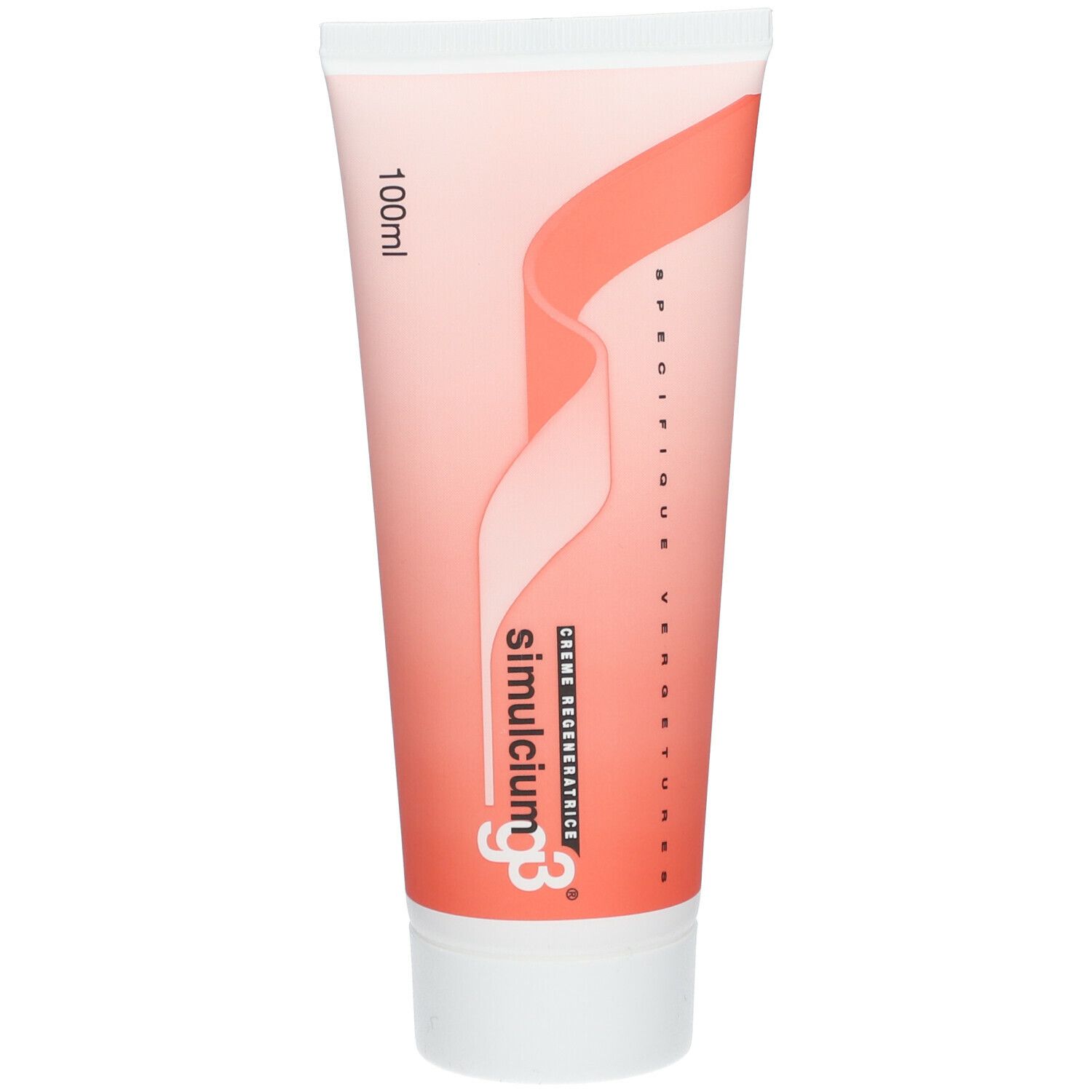 Crèmetube met productnaam en logo. Roze en witte kleurstelling. 100ml-aanduiding.