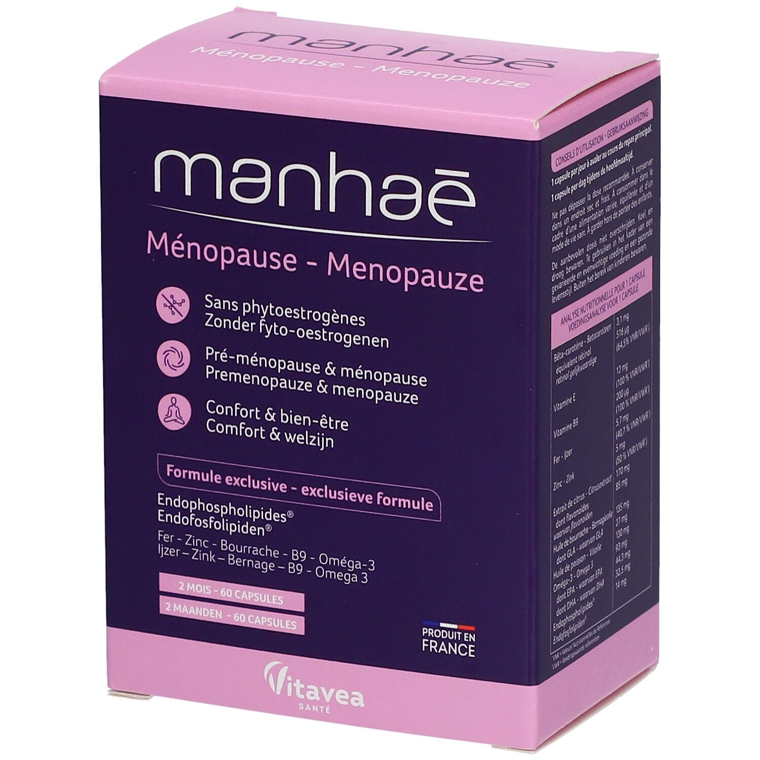 Manhaé Menopause-Verpackung. Lila-rosa Schachtel mit Produktinformationen und Logo. Enthält 60 Kapseln.