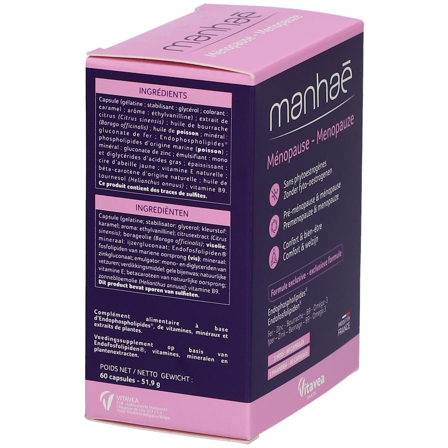 Rückseite der Manhaé Menopause-Verpackung. Enthält Zutatenliste und Nährwertangaben. 60 Kapseln, 51,9 g.
