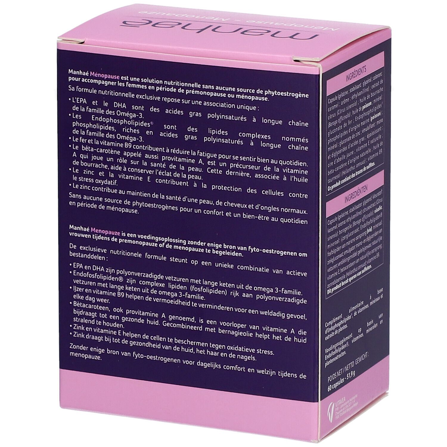 Seite der Manhaé Menopause-Verpackung. Text über die Vorteile des Produkts. Enthält Informationen über Inhaltsstoffe.