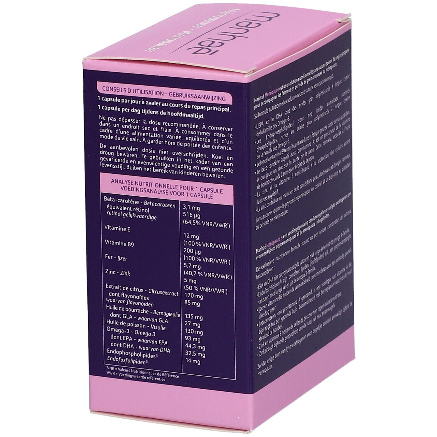 Seite der Manhaé Menopause-Verpackung. Enthält Anwendungshinweise und Nährwertanalyse pro Kapsel.