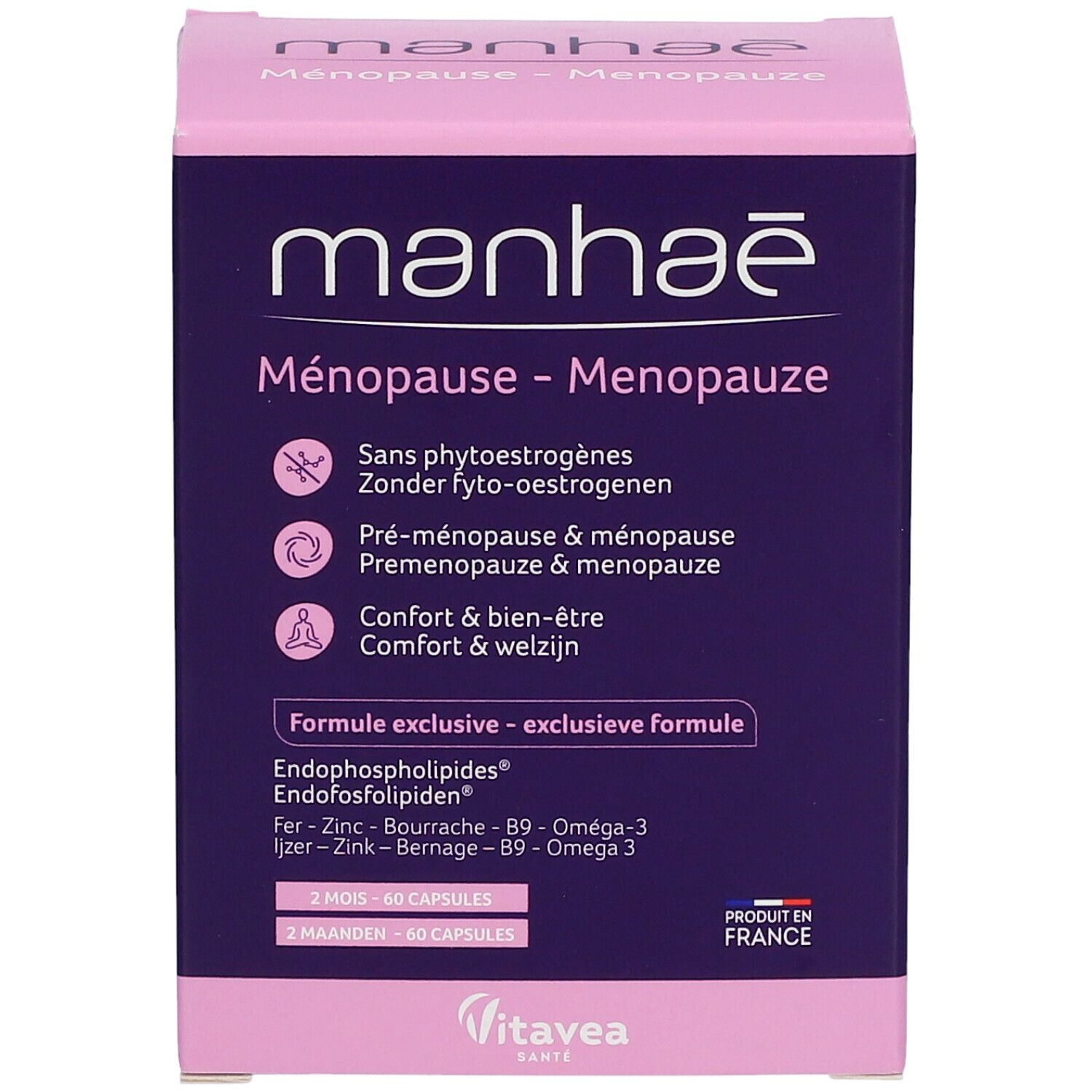 Manhaé Menopause-Verpackung. Lila-rosa Schachtel mit Produktinformationen und Logo. Enthält 60 Kapseln.