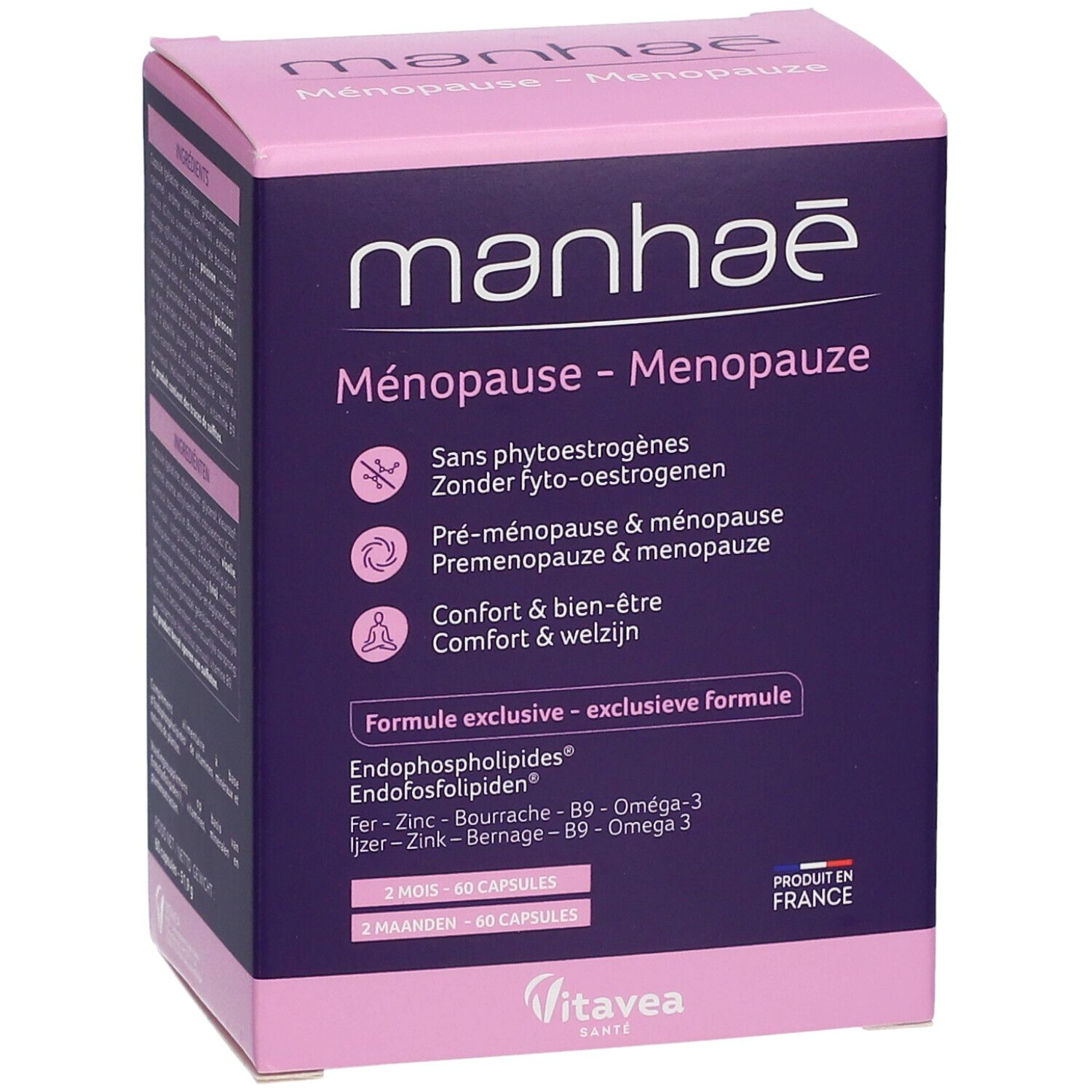 Manhaé Menopause-Verpackung. Lila-rosa Schachtel mit Produktinformationen und Logo. Enthält 60 Kapseln.
