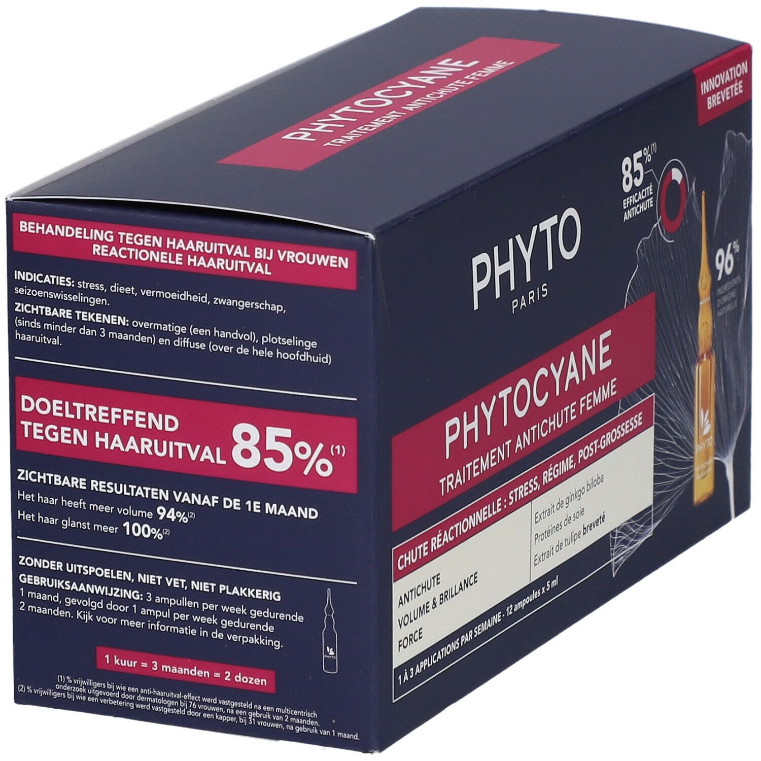 Dunkelblaue Schachtel mit Produktnamen und Ampullen-Abbildung. Text: Phytocyane, Behandlung bei reaktivem Haarausfall.