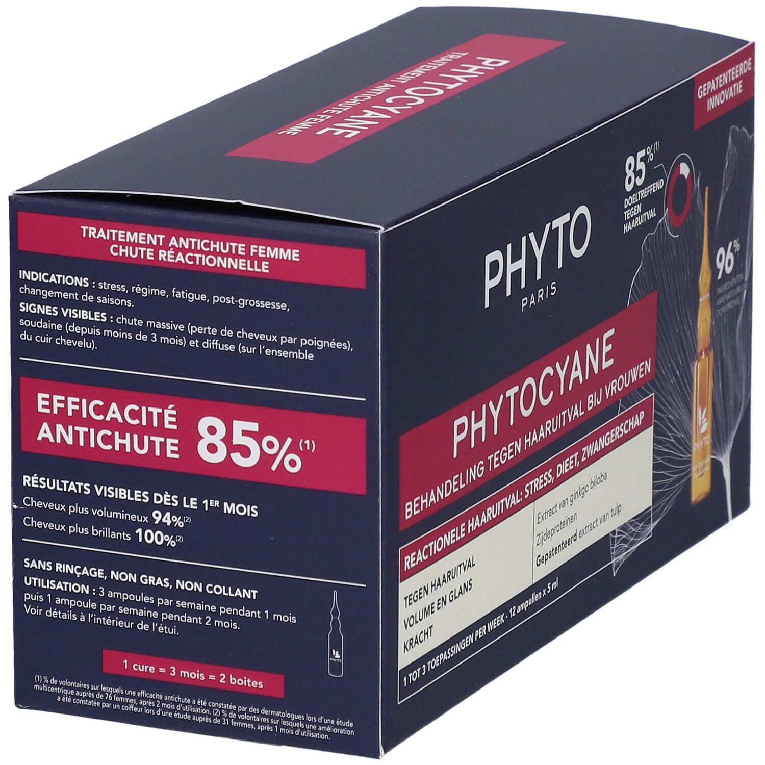Dunkelblaue Schachtel mit Produktnamen und Ampullen-Abbildung. Text: Phytocyane, Behandlung bei reaktivem Haarausfall.