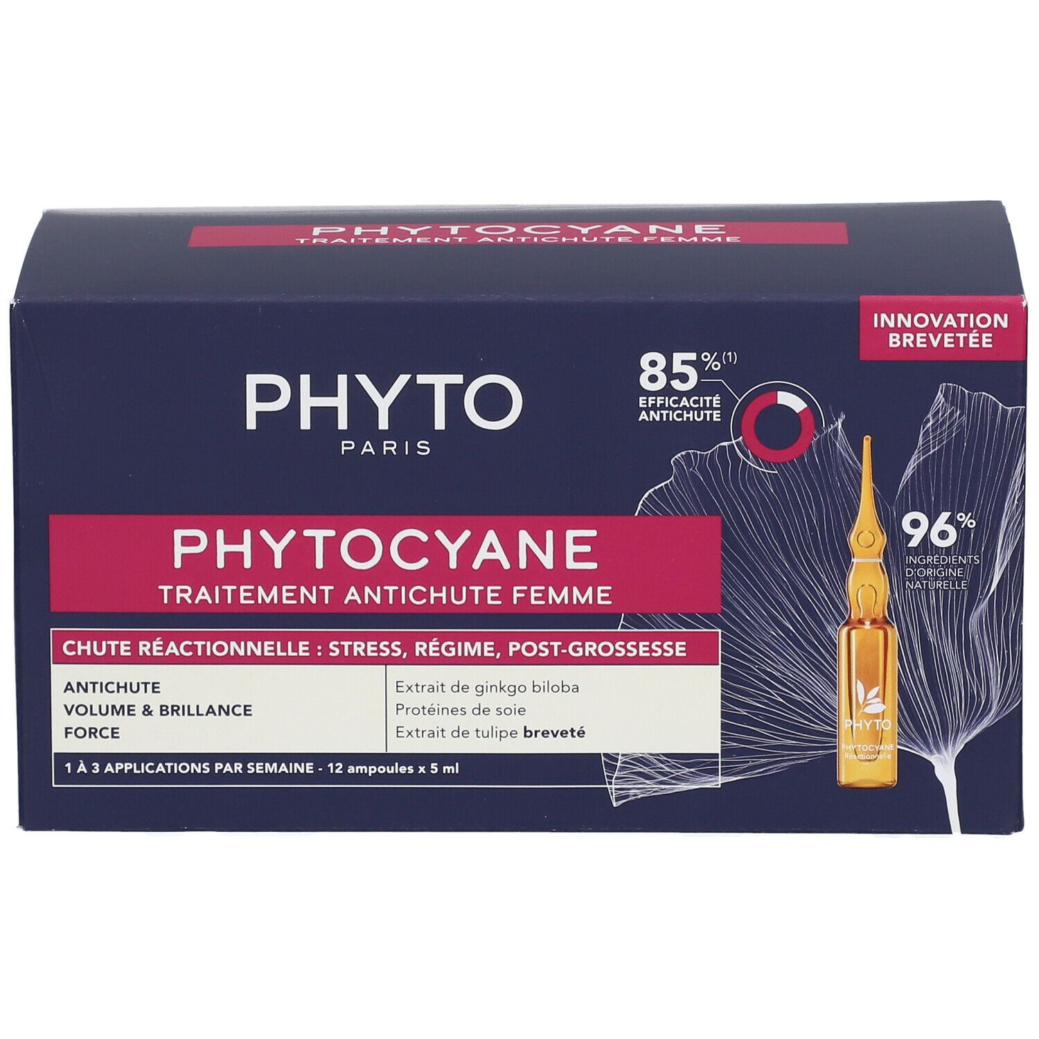 Dunkelblaue Schachtel mit Produktnamen und Ampullen-Abbildung. Text: Phytocyane, Behandlung bei reaktivem Haarausfall.
