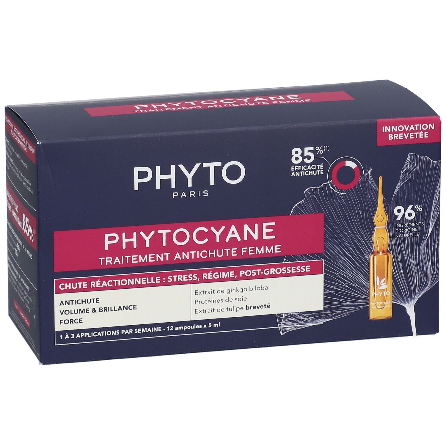 Dunkelblaue Schachtel mit Produktnamen und Ampullen-Abbildung. Text: Phytocyane, Behandlung bei reaktivem Haarausfall.
