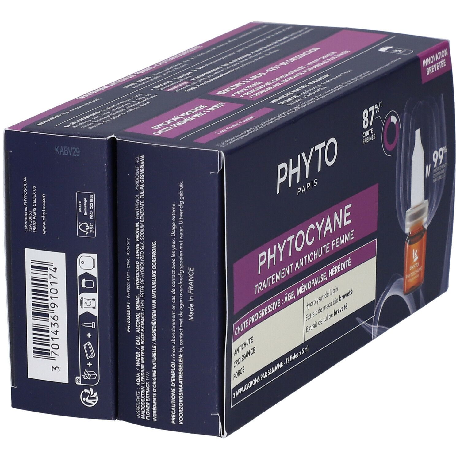Verpackung PHYTO PHYTOCYANE Haarausfallbehandlung. Seitenansicht. Aufdrucke: PHYTO PARIS, 87% weniger Haarausfall, 12 Ampullen.