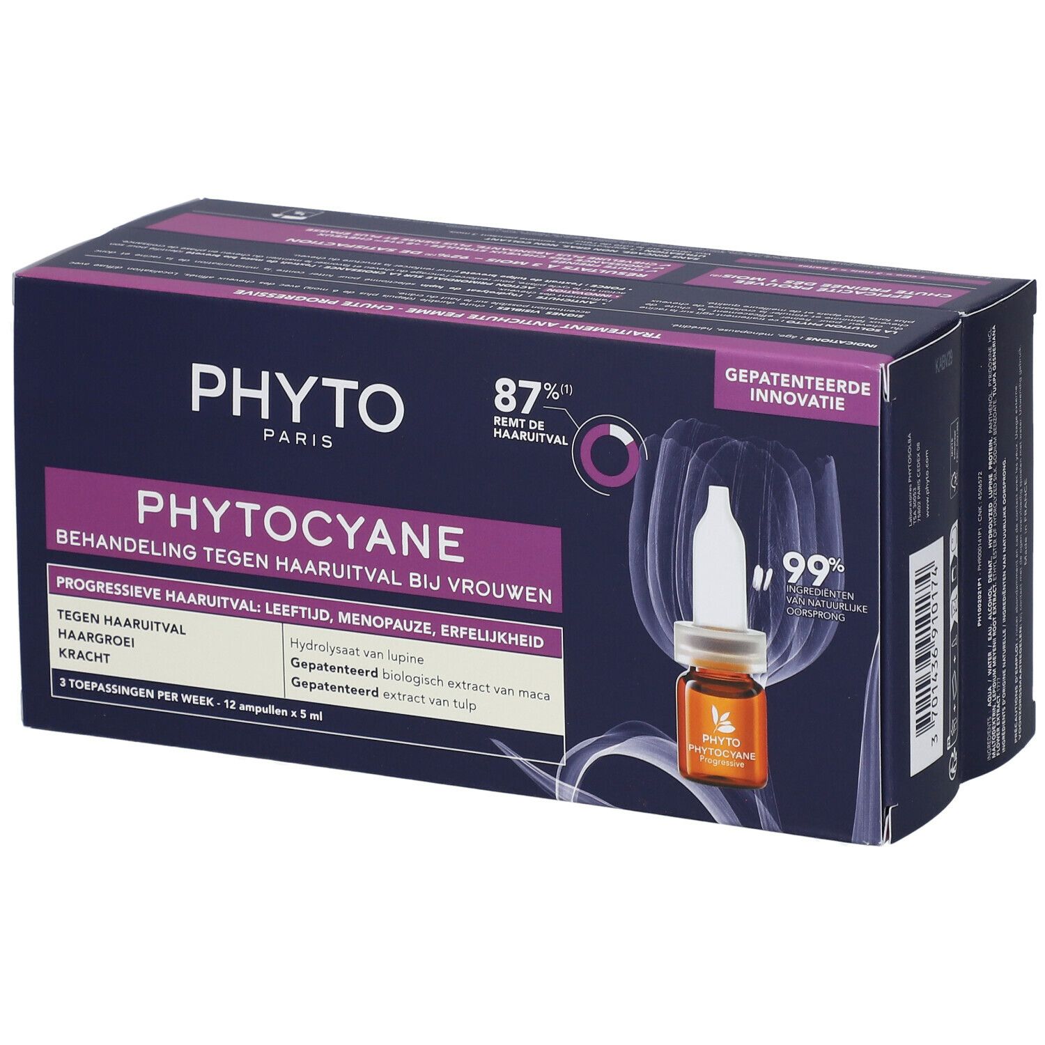 Verpackung PHYTO PHYTOCYANE Haarausfallbehandlung. Enthält 12 Ampullen. Aufdrucke: PHYTO PARIS, 87% weniger Haarausfall, Gepatenteerde Innovatie.