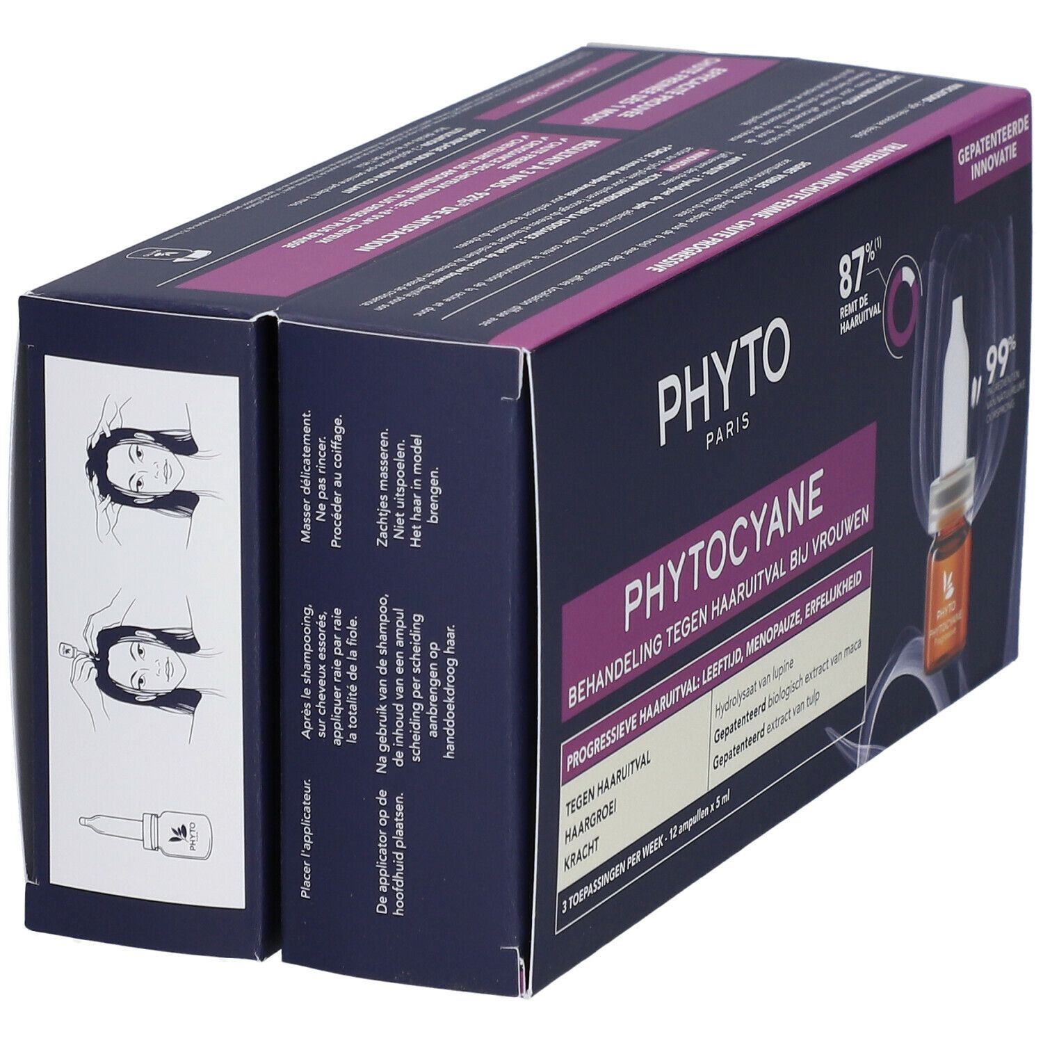 Verpackung PHYTO PHYTOCYANE Haarausfallbehandlung. Enthält 12 Ampullen. Abbildungen zur Anwendung. Aufdrucke: PHYTO PARIS, 87% weniger Haarausfall.