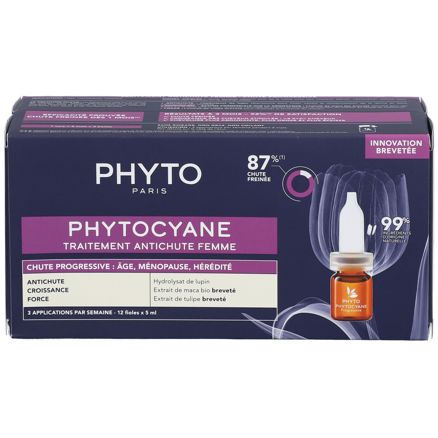 Verpackung PHYTO PHYTOCYANE Haarausfallbehandlung. Enthält 12 Ampullen. Aufdrucke: PHYTO PARIS, 87% weniger Haarausfall, 99% Zufriedenheit.