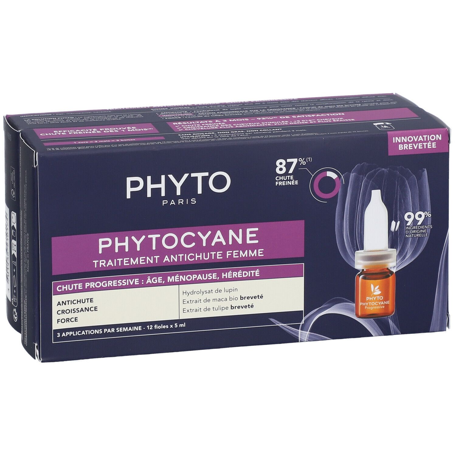 Verpackung PHYTO PHYTOCYANE Haarausfallbehandlung. Enthält 12 Ampullen. Aufdrucke: PHYTO PARIS, 87% weniger Haarausfall, 99% Zufriedenheit.