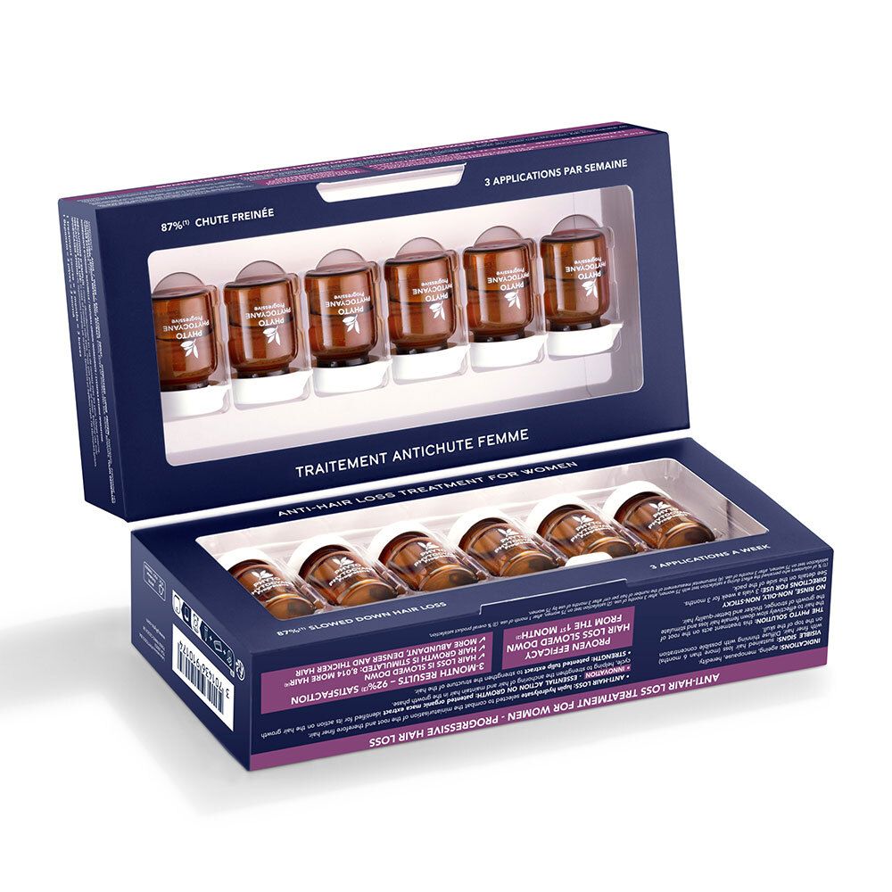 Geöffnete Schachtel mit 12 Ampullen. Produktname PHYTO PHYTOYANE. Sichtbare Ampullen.
