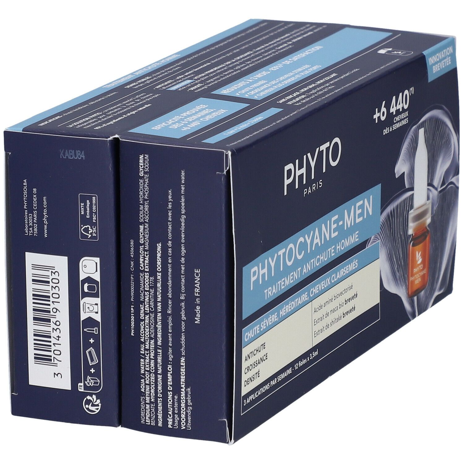 Boîte bleue, vue latérale. Inscription PHYTO PARIS, PHYTO-CYANE-MEN. Contient 12 ampoules. Avec image produit.