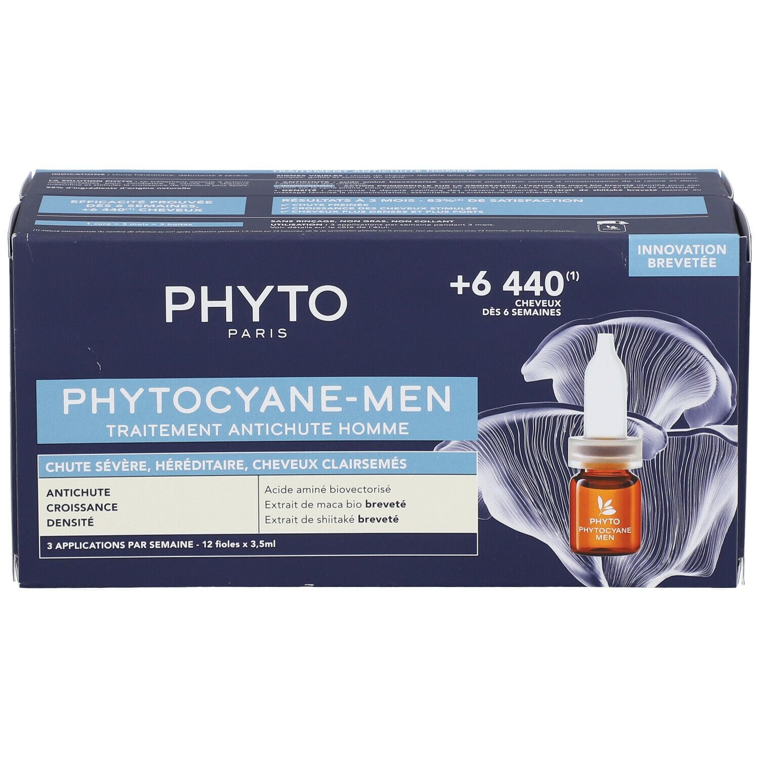 Boîte bleue avec image produit. Inscription PHYTO PARIS, PHYTO-CYANE-MEN. Contient 12 ampoules.