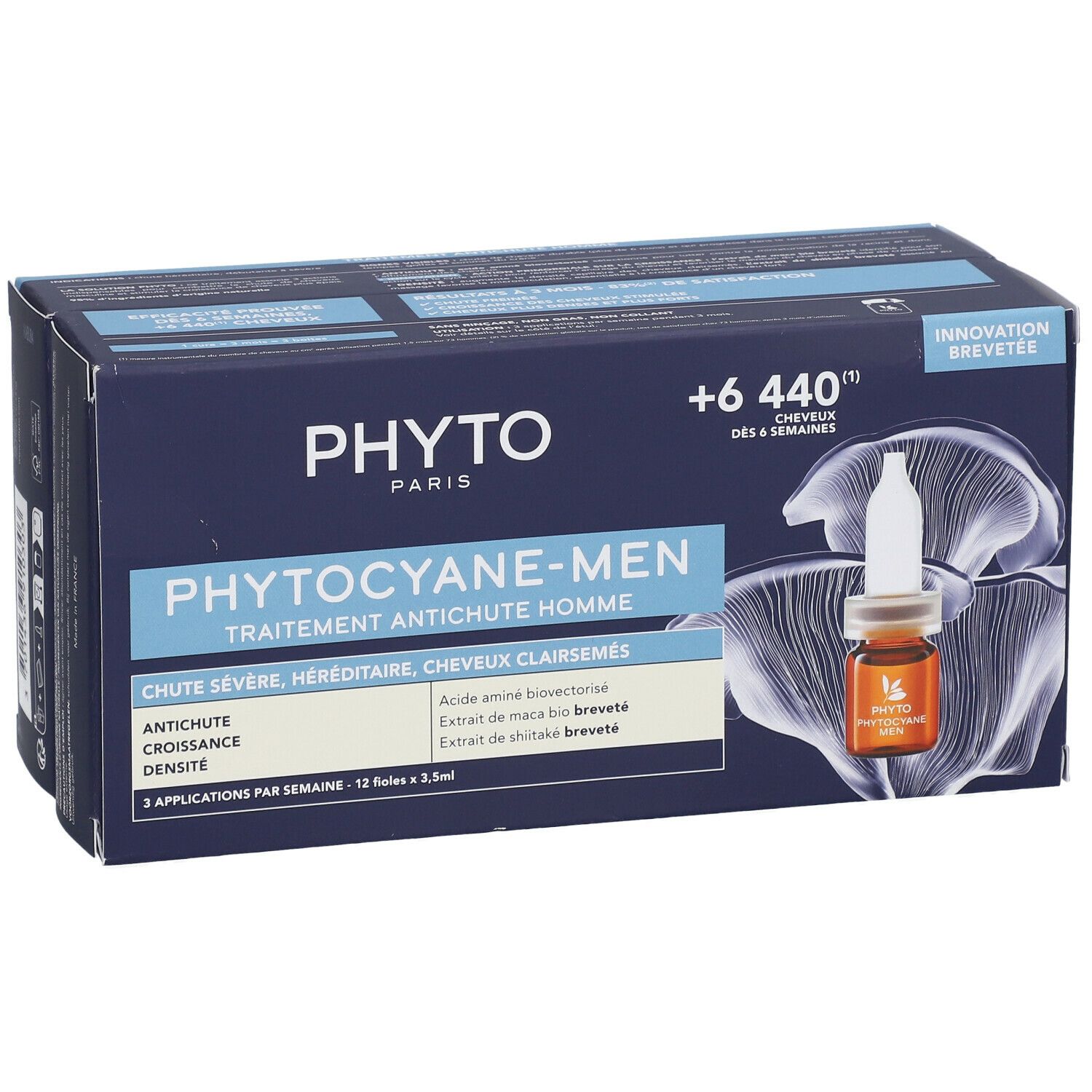 Boîte bleue avec image produit. Inscription PHYTO PARIS, PHYTO-CYANE-MEN. Contient 12 ampoules.