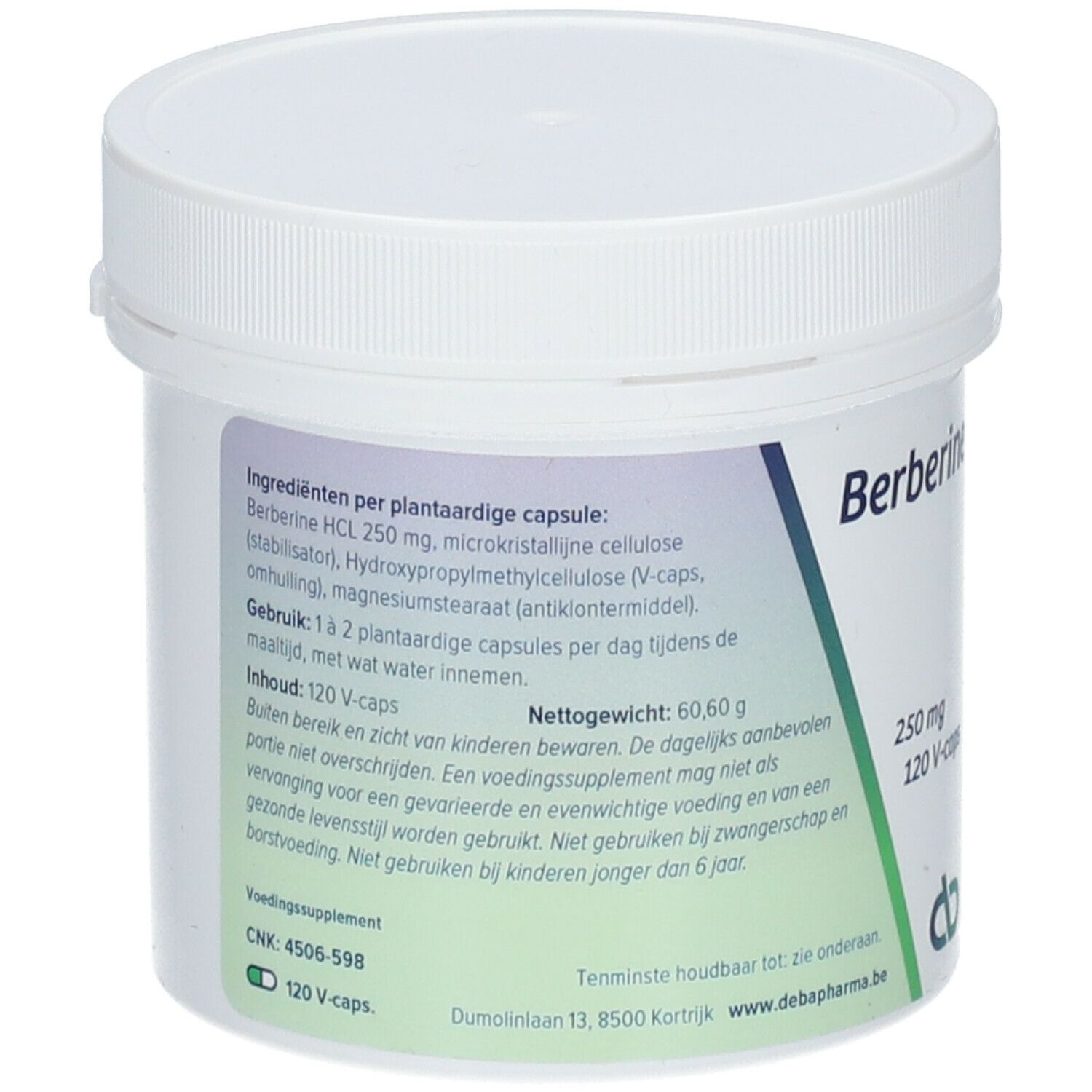 Achterkant van de witte pot. Tekst: Ingrediënten, gebruiksaanwijzing, inhoud 120 V-caps, nettogewicht 60,60 g.