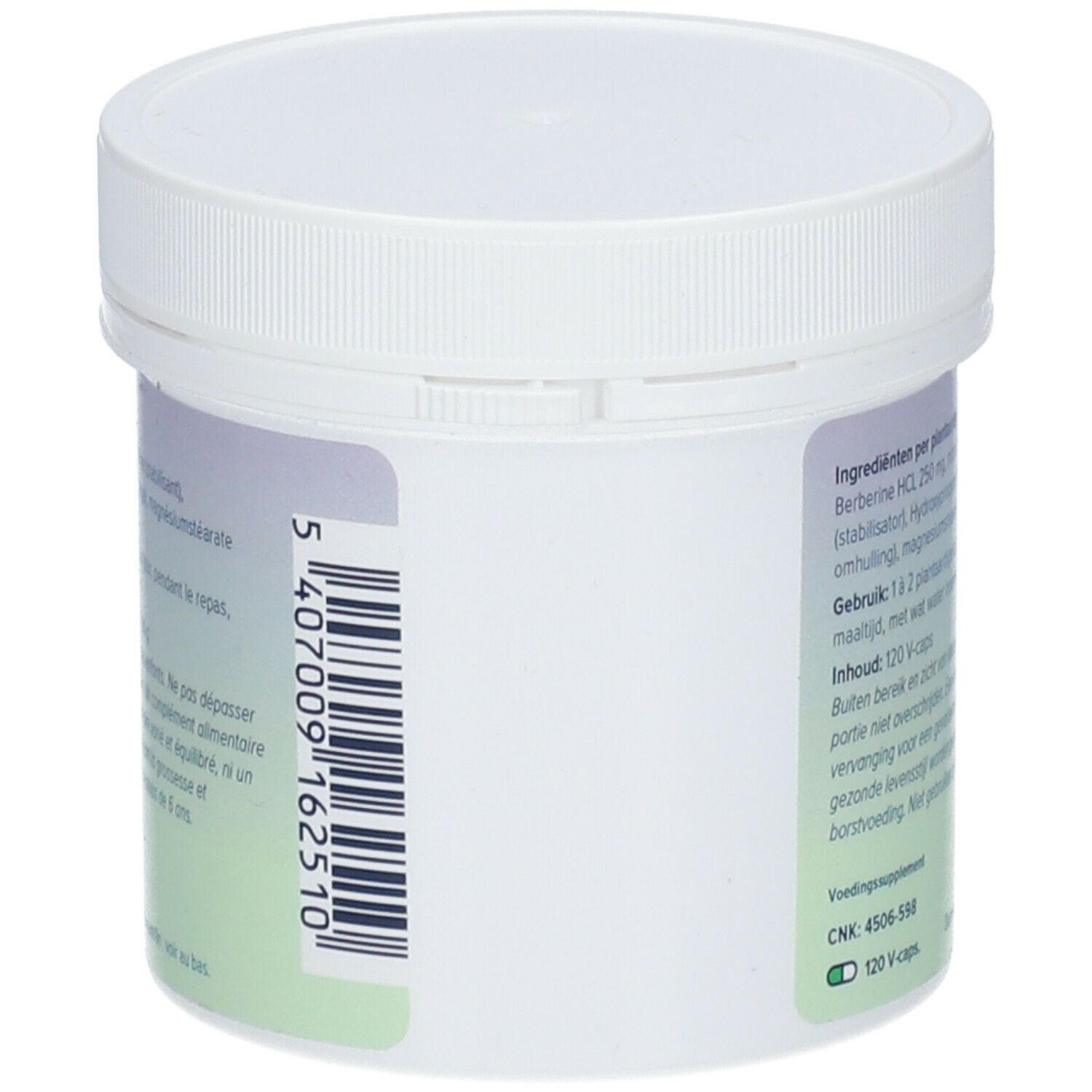 Zijaanzicht van de witte pot. Barcode en tekst: Ingrediënten, gebruiksaanwijzing, inhoud 120 V-caps.