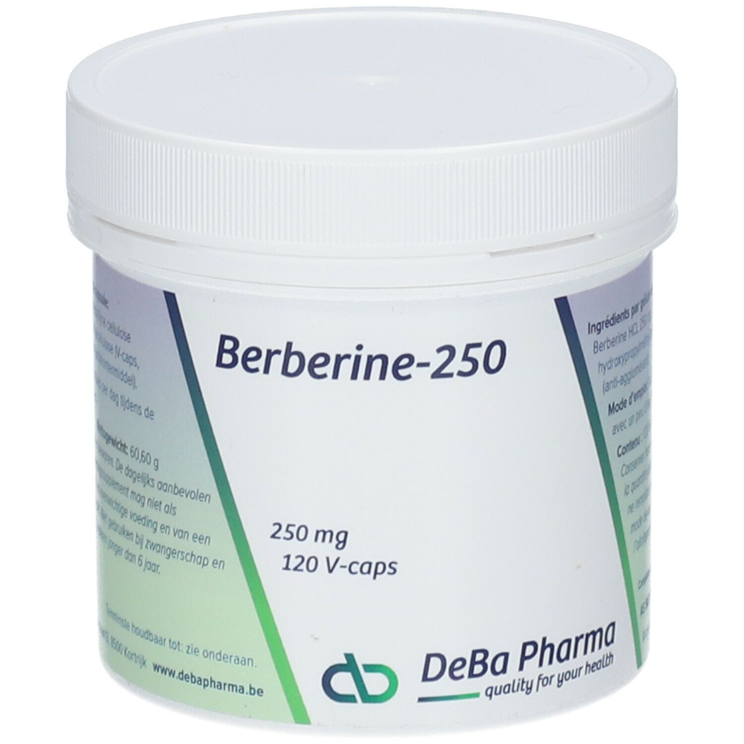 Witte pot met deksel. Opschrift: Berberine-250, 250 mg, 120 V-caps. Logo DeBa Pharma.