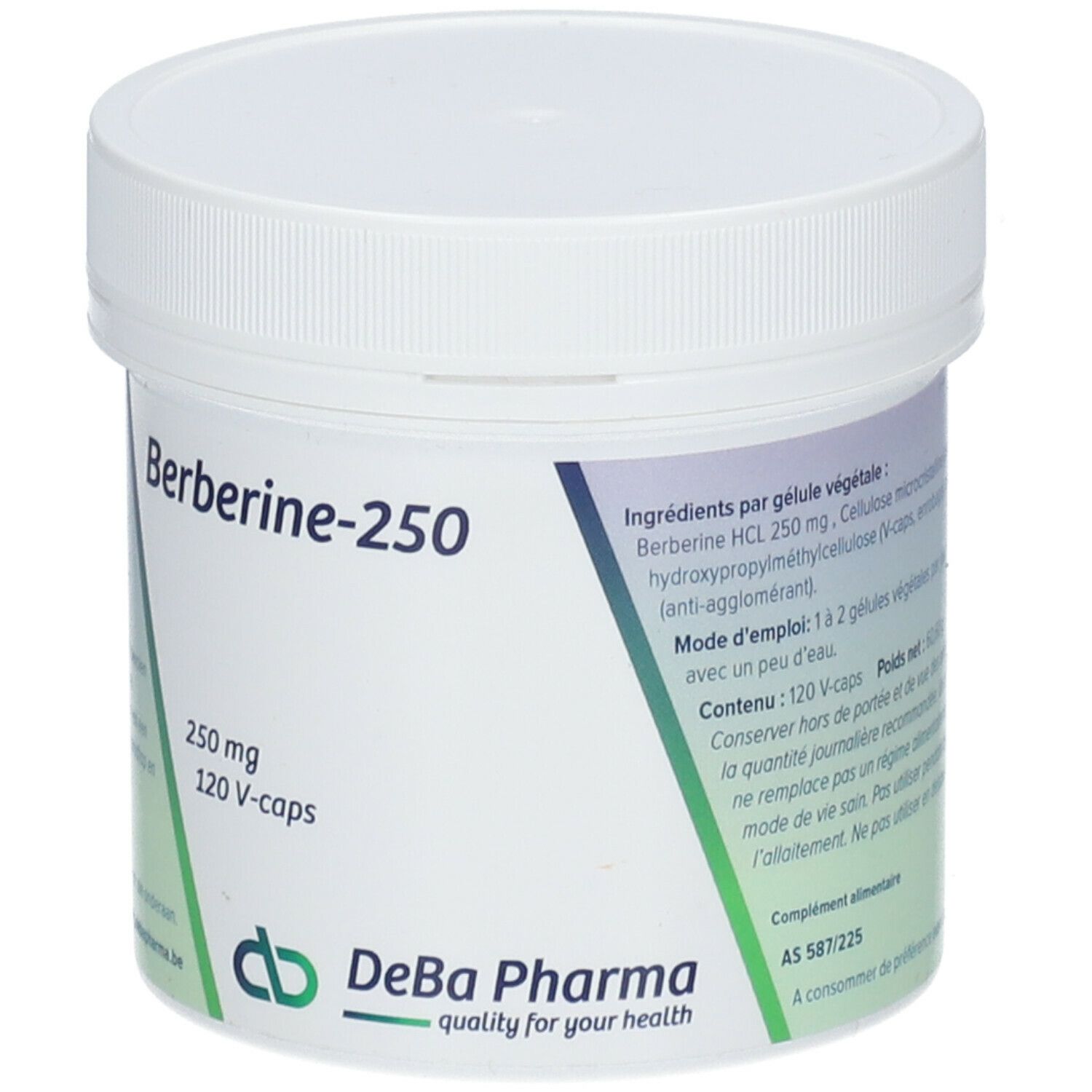 Witte pot met deksel. Opschrift: Berberine-250, 250 mg, 120 V-caps. Logo DeBa Pharma.