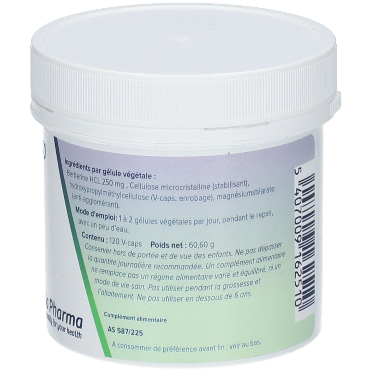 Achterkant van de witte pot. Tekst: Ingrediënten, gebruiksaanwijzing, inhoud 120 V-caps, nettogewicht 60,60 g.