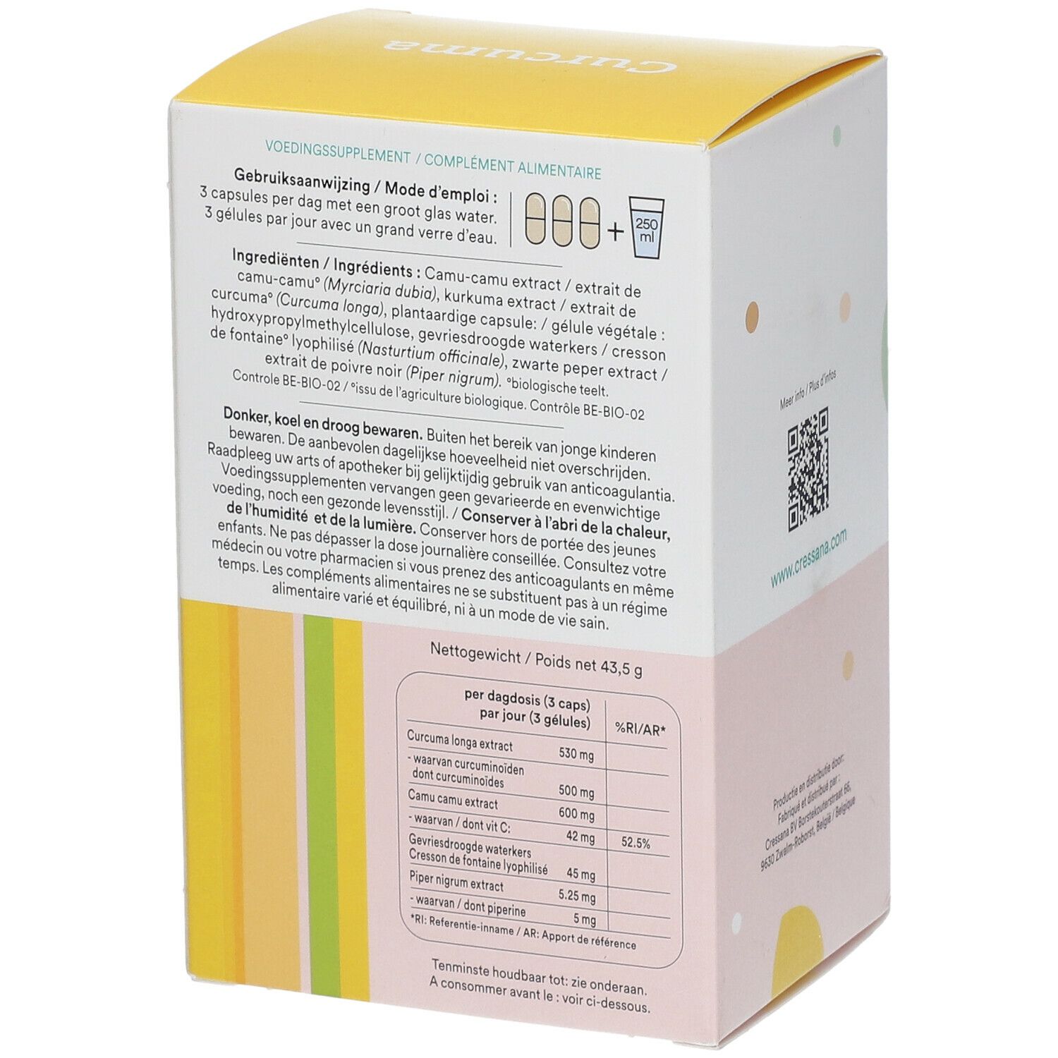 Rückseite der Kartonverpackung mit Inhaltsangaben und Nährwerttabelle. Enthält Informationen zu Inhaltsstoffen und Dosierung.