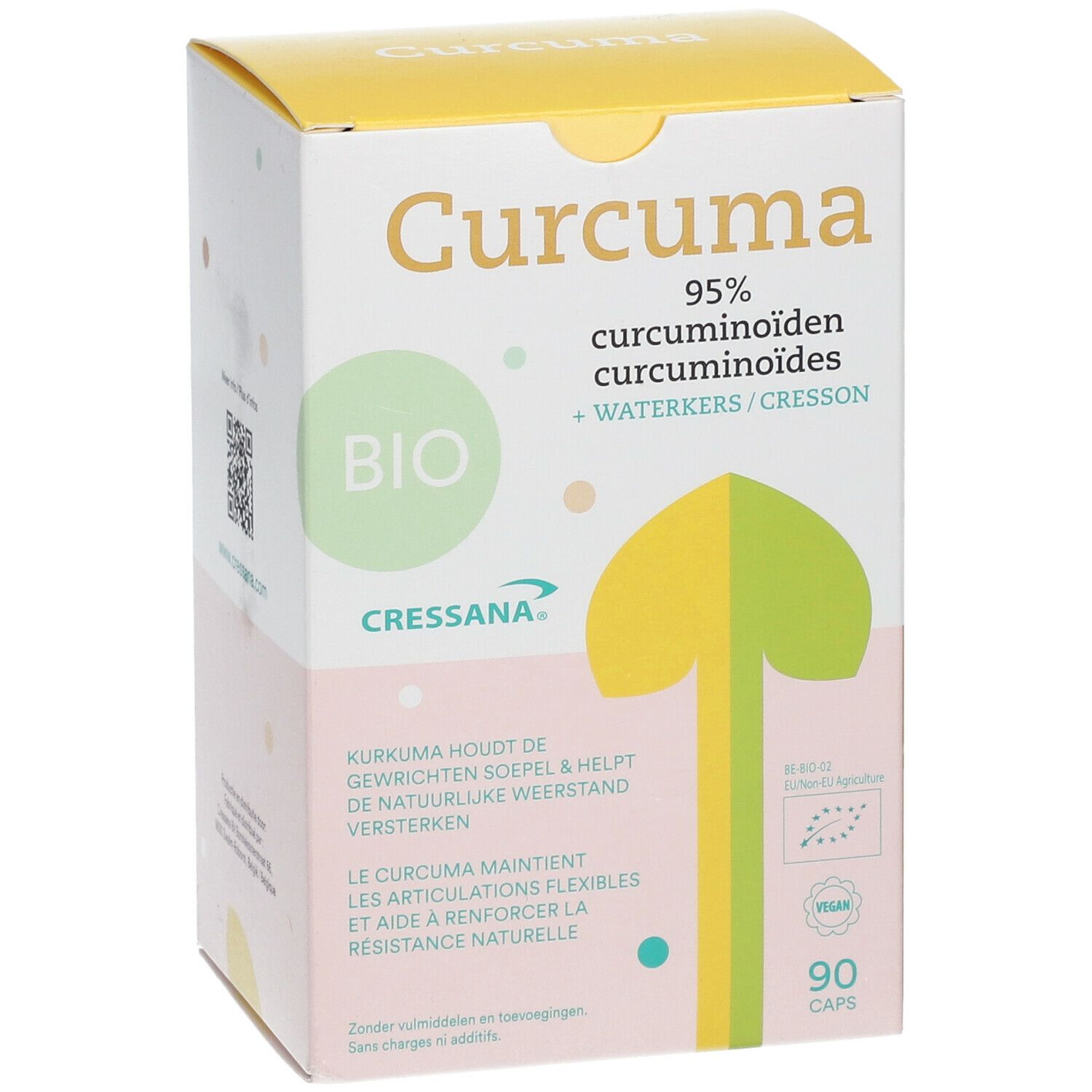 Kartonverpackung mit Produktaufdruck. Aufschrift: Curcuma, 95% Curcuminoïden, BIO, Cressana. Enthält 90 Kapseln.