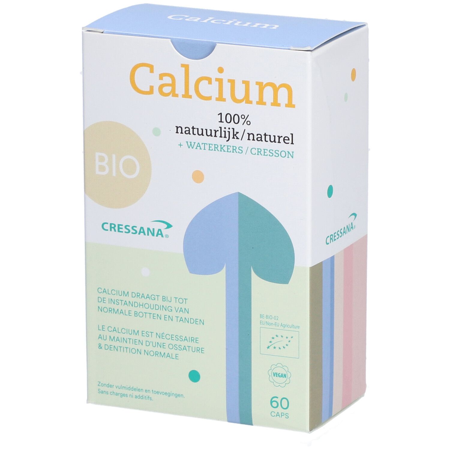 Kartonnen doos "Calcium". Bevat 60 capsules. Bio- en Vegan-logo's zichtbaar.