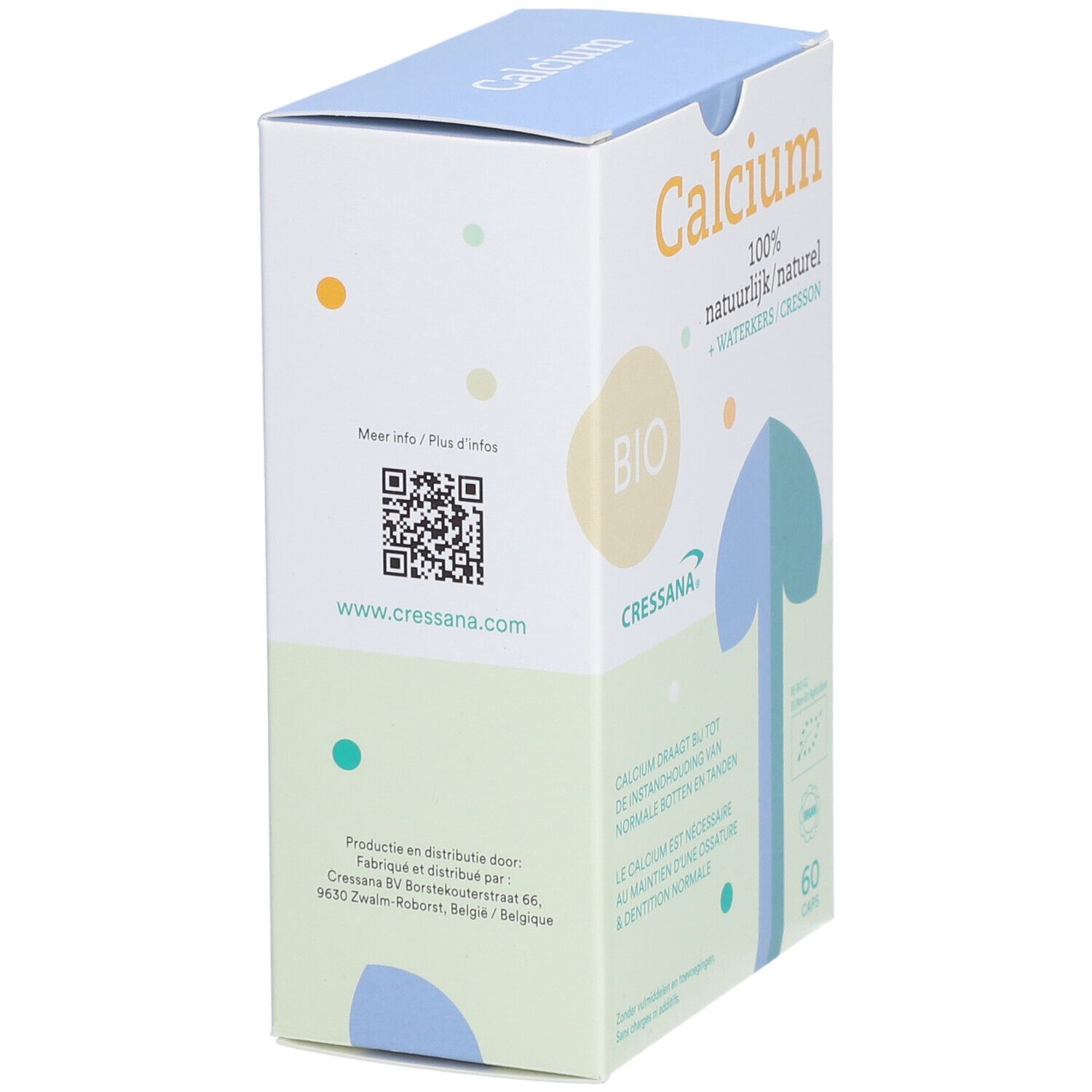 Zijaanzicht van de Calcium-verpakking. QR-code en websiteadres. Bio- en Vegan-logo's.