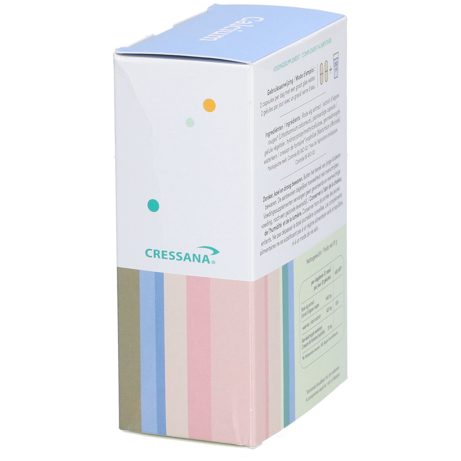 Zijaanzicht van de Calcium-verpakking. Cressana-logo. Informatie over ingrediënten.