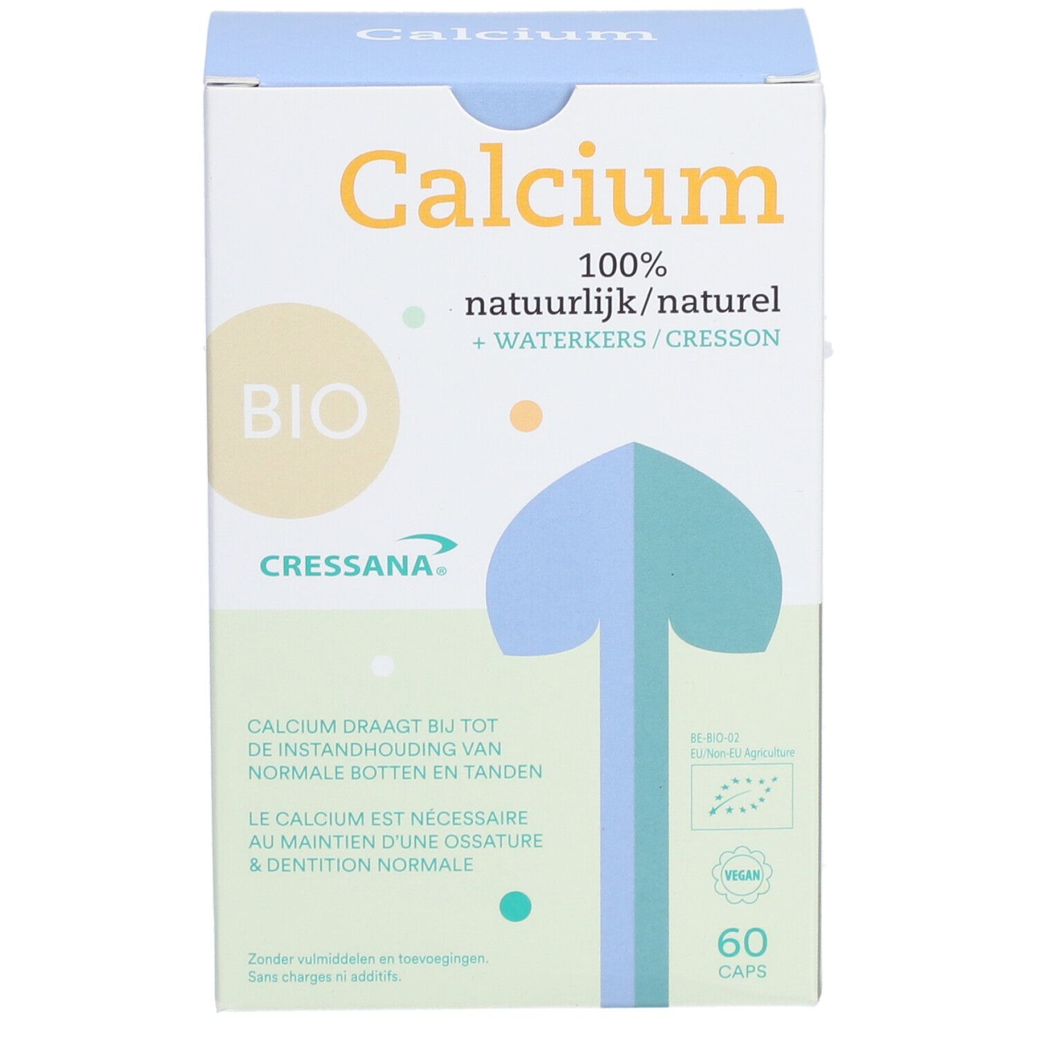 Kartonnen doos "Calcium". Bevat 60 capsules. Bio- en Vegan-logo's zichtbaar.